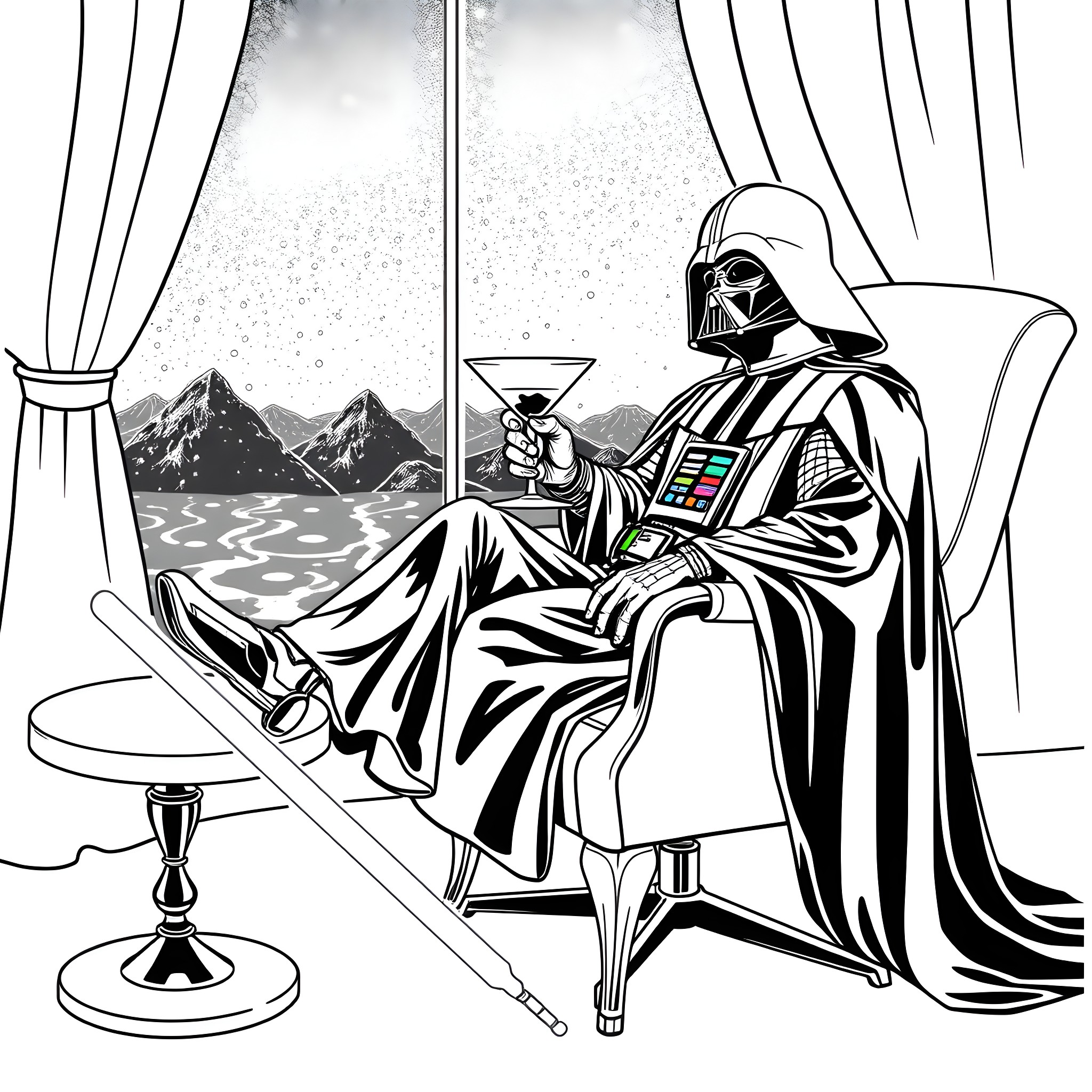Darth Vader enjoying a drink while overlooking a snowy landscape Coloring Page (free black-and-white line drawing printable PDF for all, from beginners to advanced learners, including children, teens, adults, and seniors)