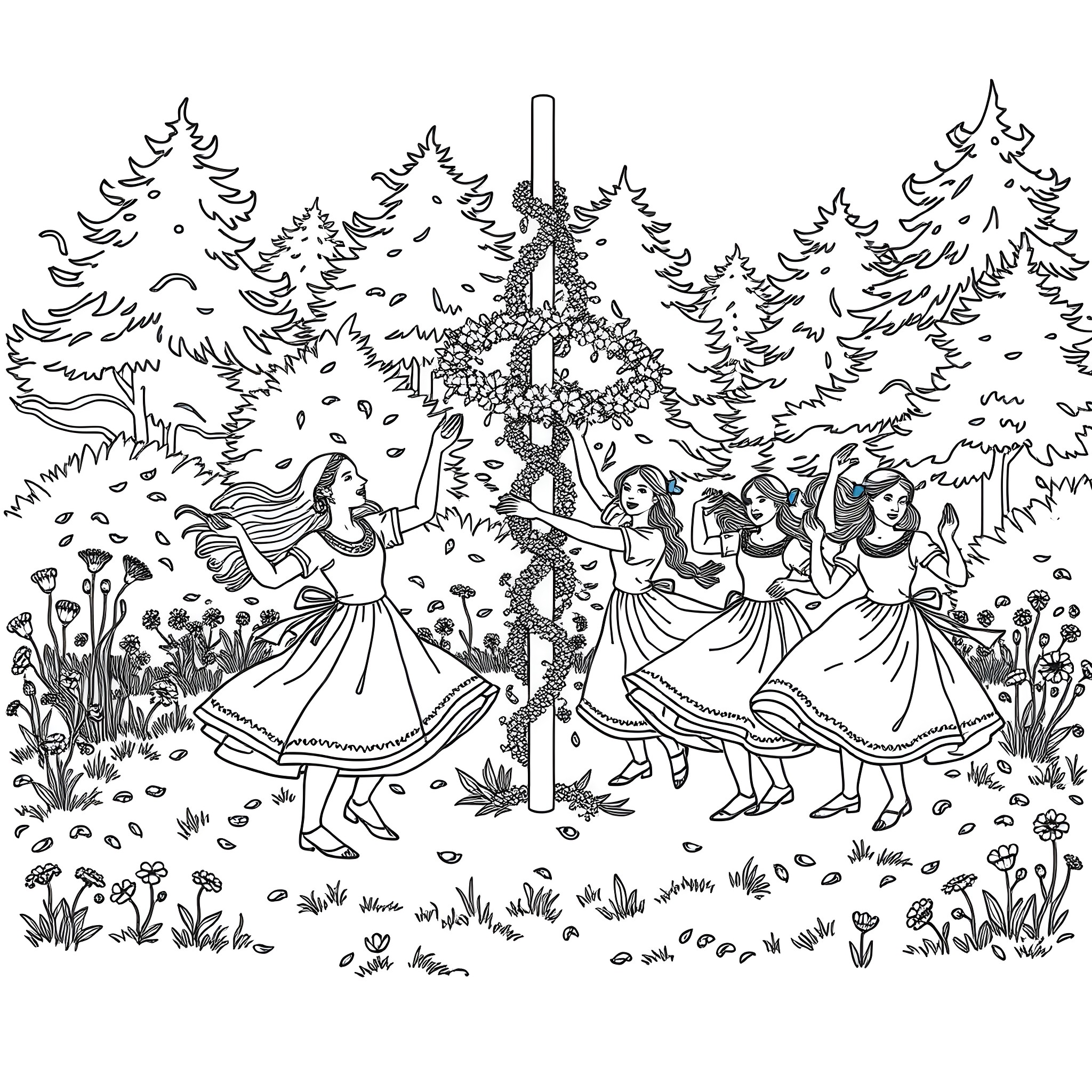 Dance of the Forest Sprites Coloring Page (free black-and-white line drawing printable PDF for all, from beginners to advanced learners, including children, teens, adults, and seniors)