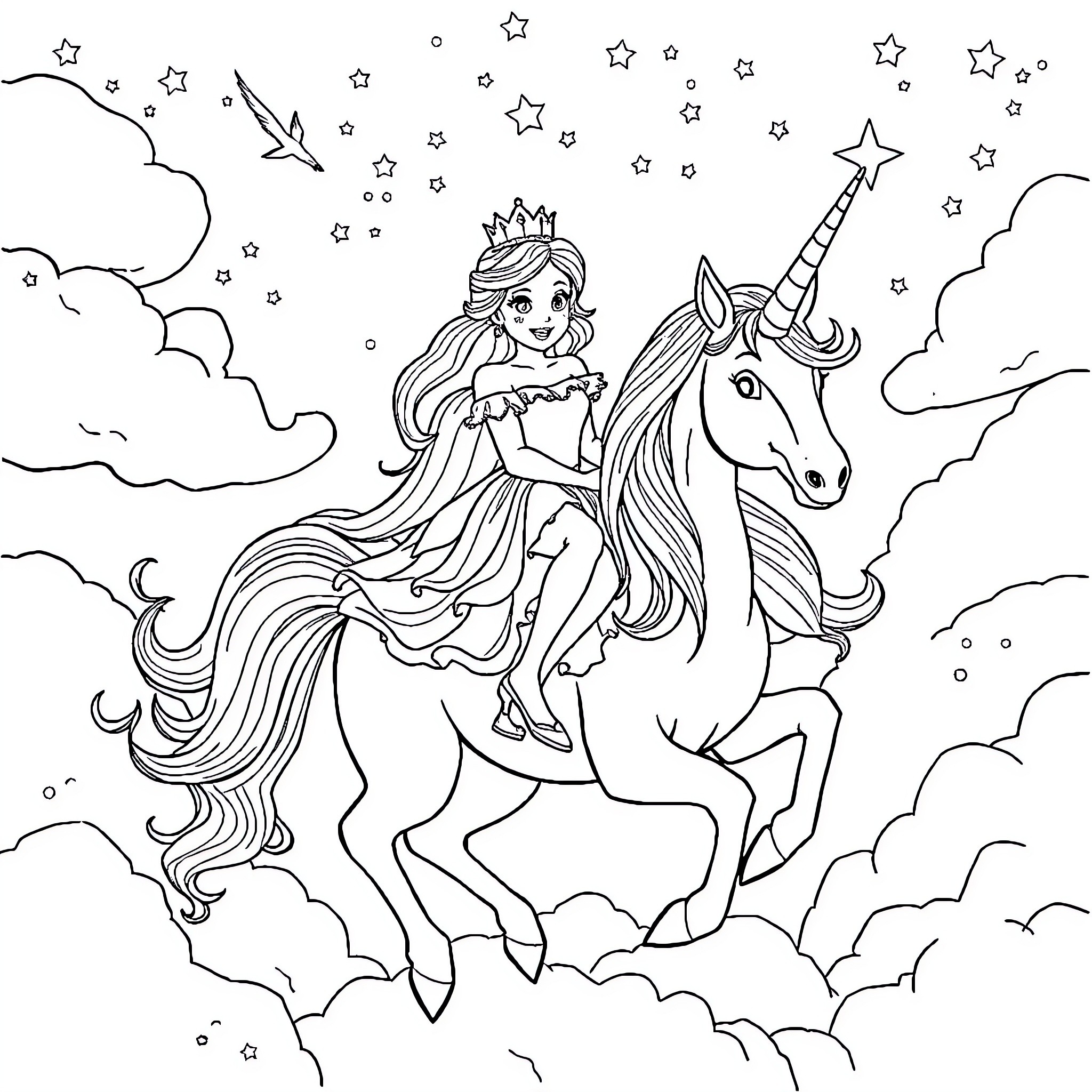 Princess riding a magical unicorn through the stars Coloring Page (free black-and-white line drawing printable PDF for all, from beginners to advanced learners, including children, teens, adults, and seniors)