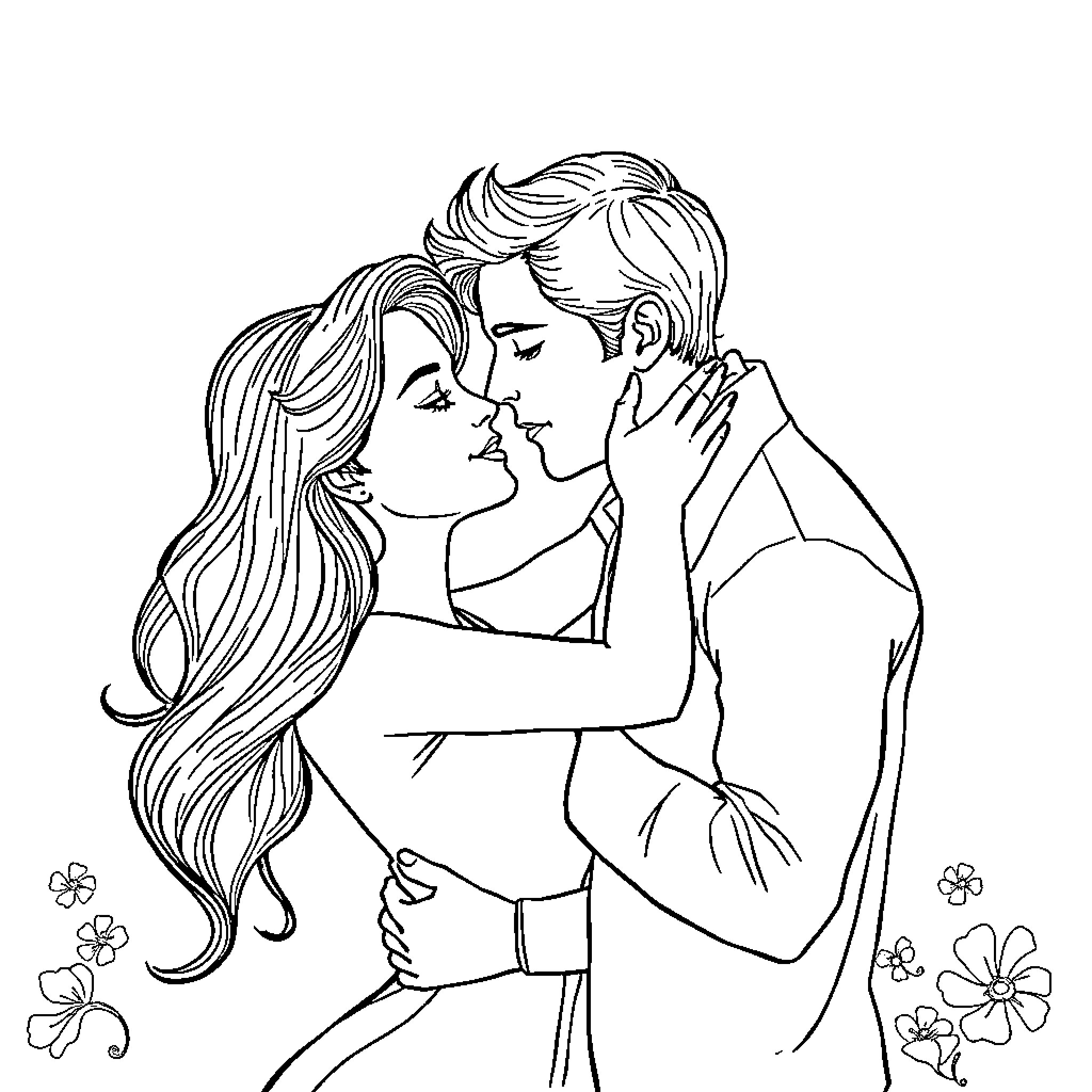 Couple in Romantic Embrace Coloring Page (free black-and-white line drawing printable PDF for all, from beginners to advanced learners, including children, teens, adults, and seniors)