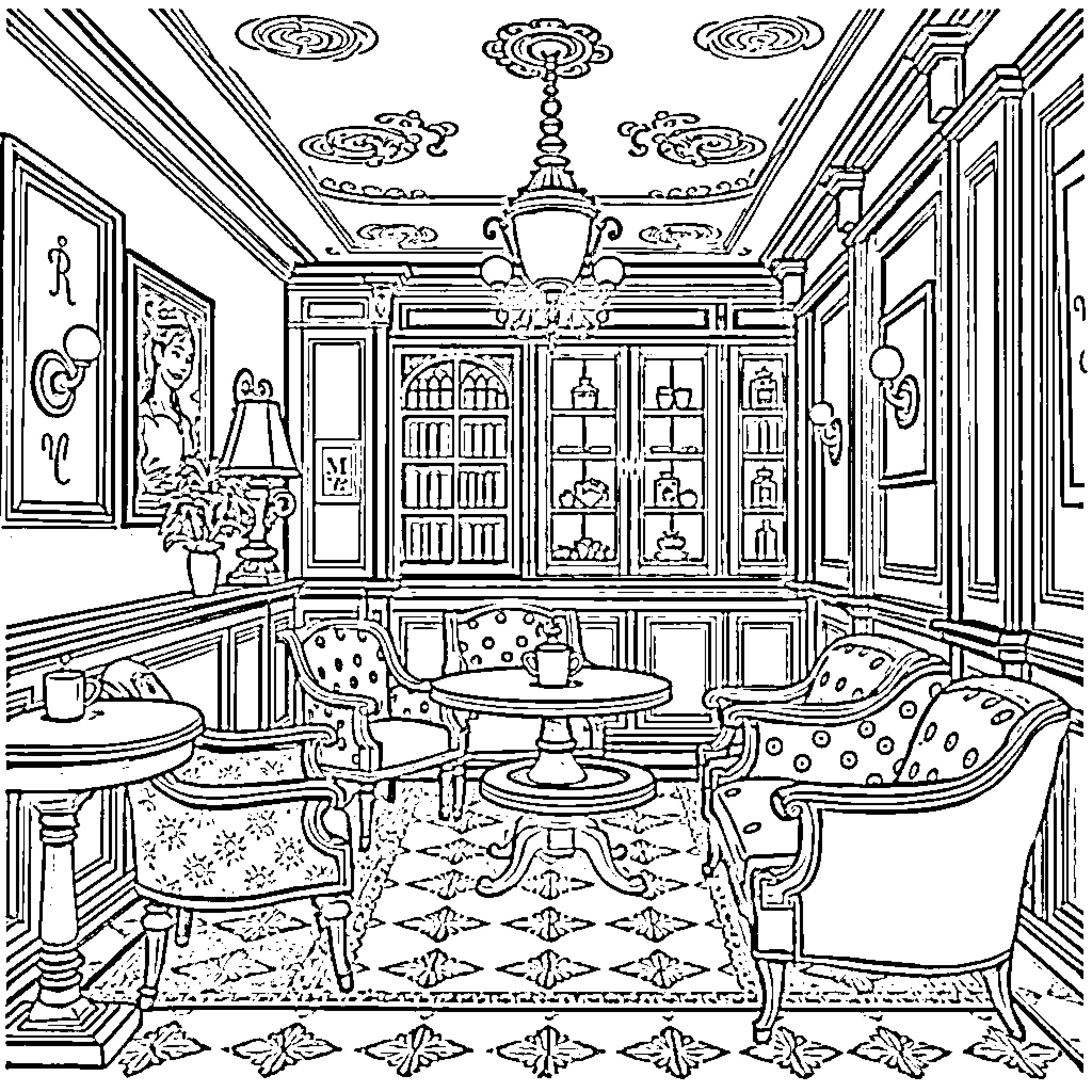 Coffee in an Elegant Victorian Study Coloring Page (free black-and-white line drawing printable PDF for all, from beginners to advanced learners, including children, teens, adults, and seniors)
