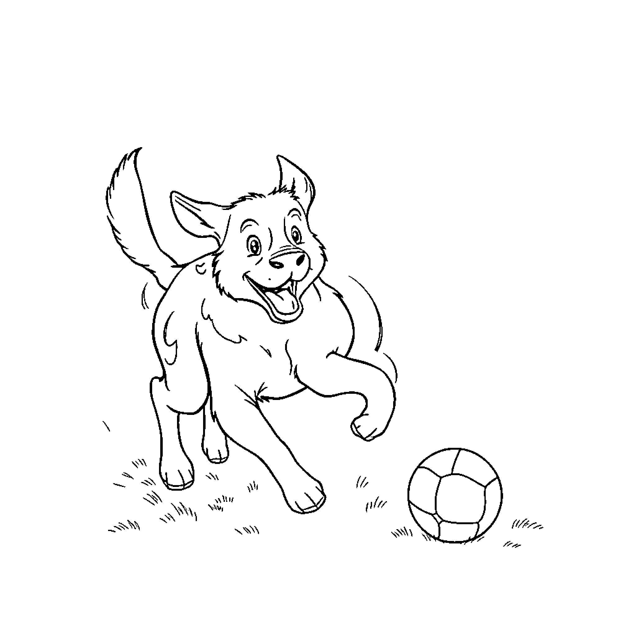 Cattle Dog playing with ball in the field Coloring Page (free black-and-white line drawing printable PDF for all, from beginners to advanced learners, including children, teens, adults, and seniors)