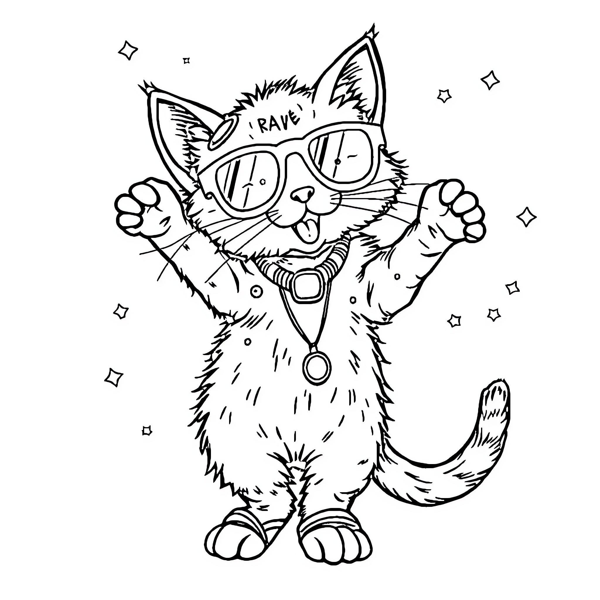 Kitten wearing funky sunglasses and posing Coloring Page (free black-and-white line drawing printable PDF for all, from beginners to advanced learners, including children, teens, adults, and seniors)