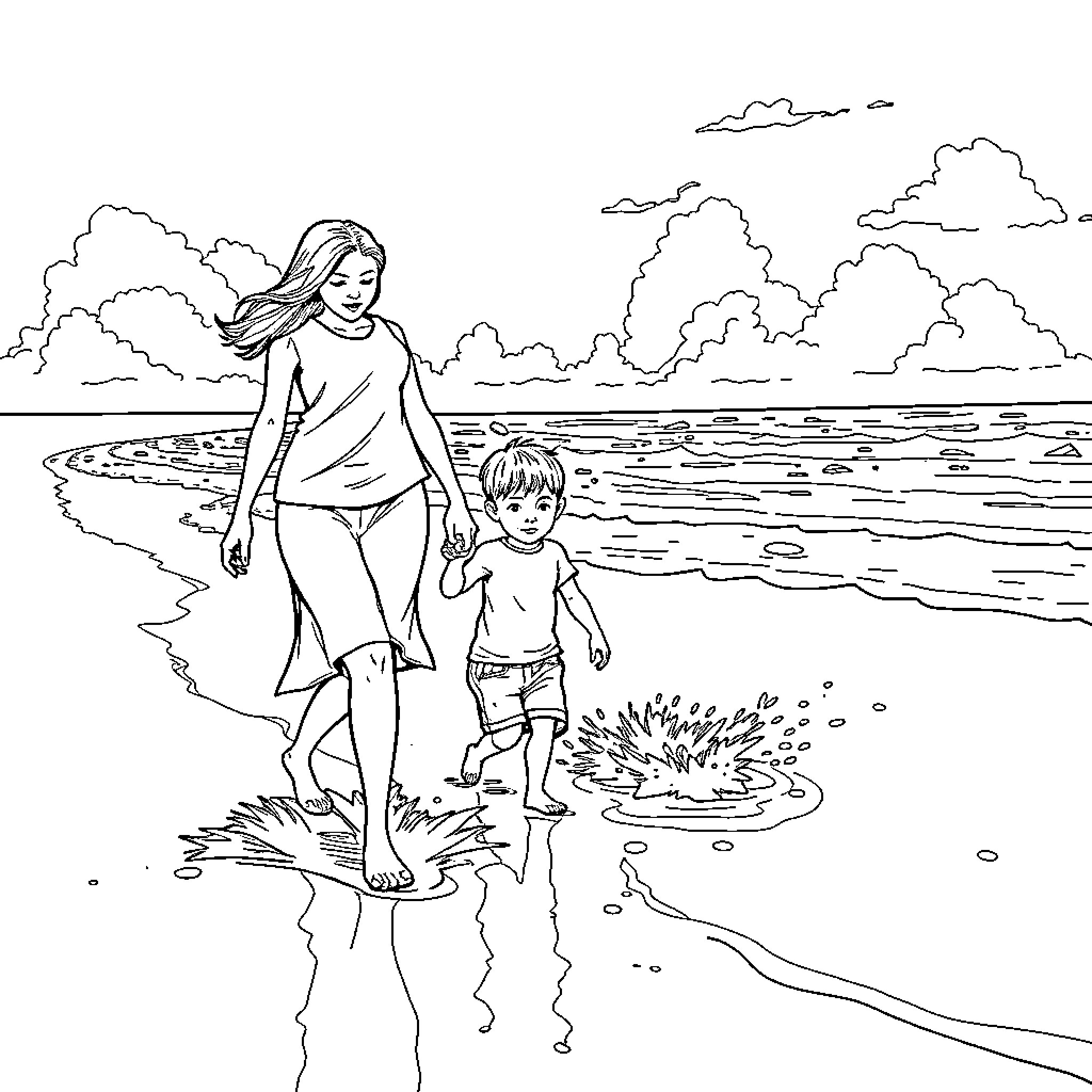 Mother and Child Enjoying the Beach Together Coloring Page (free black-and-white line drawing printable PDF for all, from beginners to advanced learners, including children, teens, adults, and seniors)