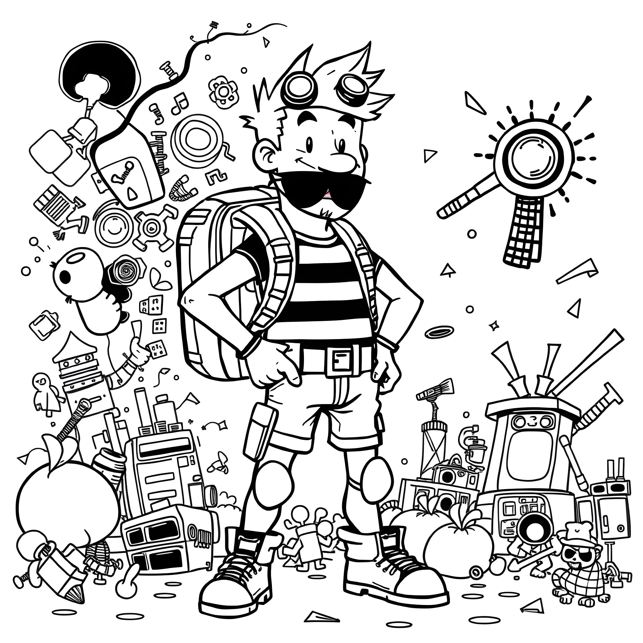 Dennis the Curious Explorer's Imaginative Adventure Coloring Page (free black-and-white line drawing printable PDF for all, from beginners to advanced learners, including children, teens, adults, and seniors)