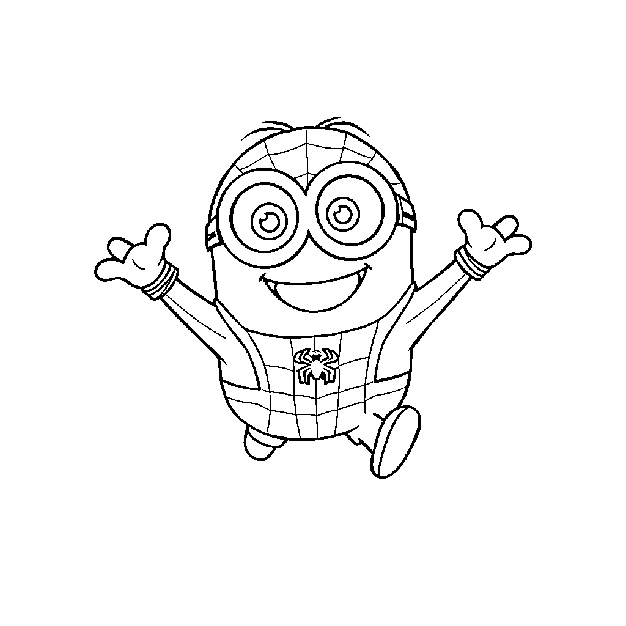 Spiderman-inspired Minion character in a happy pose Coloring Page (free black-and-white line drawing printable PDF for all, from beginners to advanced learners, including children, teens, adults, and seniors)