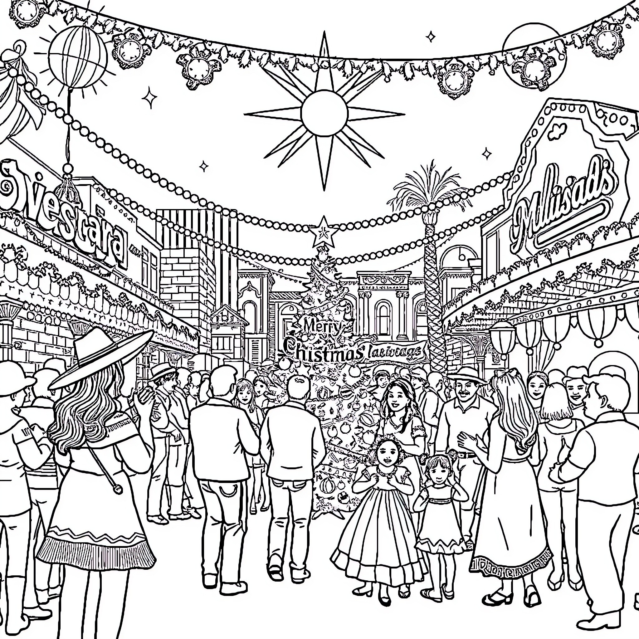 Mexican Christmas Celebration with Vibrant Decorations and Festive Crowds Coloring Page (free black-and-white line drawing printable PDF for all, from beginners to advanced learners, including children, teens, adults, and seniors)