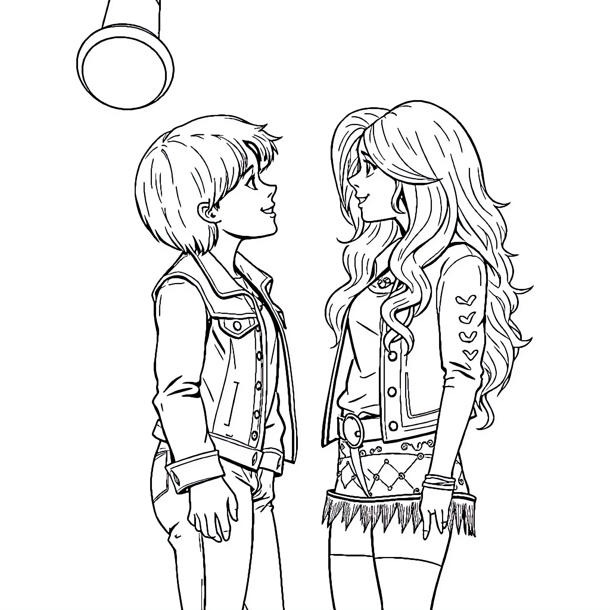 Miley Cyrus and friend in casual conversation Coloring Page (free black-and-white line drawing printable PDF for all, from beginners to advanced learners, including children, teens, adults, and seniors)