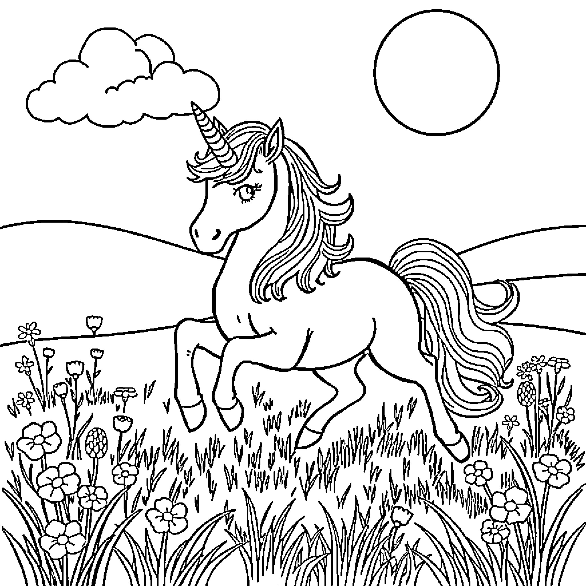 Unicorn prancing through a meadow with clouds Coloring Page (free black-and-white line drawing printable PDF for all, from beginners to advanced learners, including children, teens, adults, and seniors)
