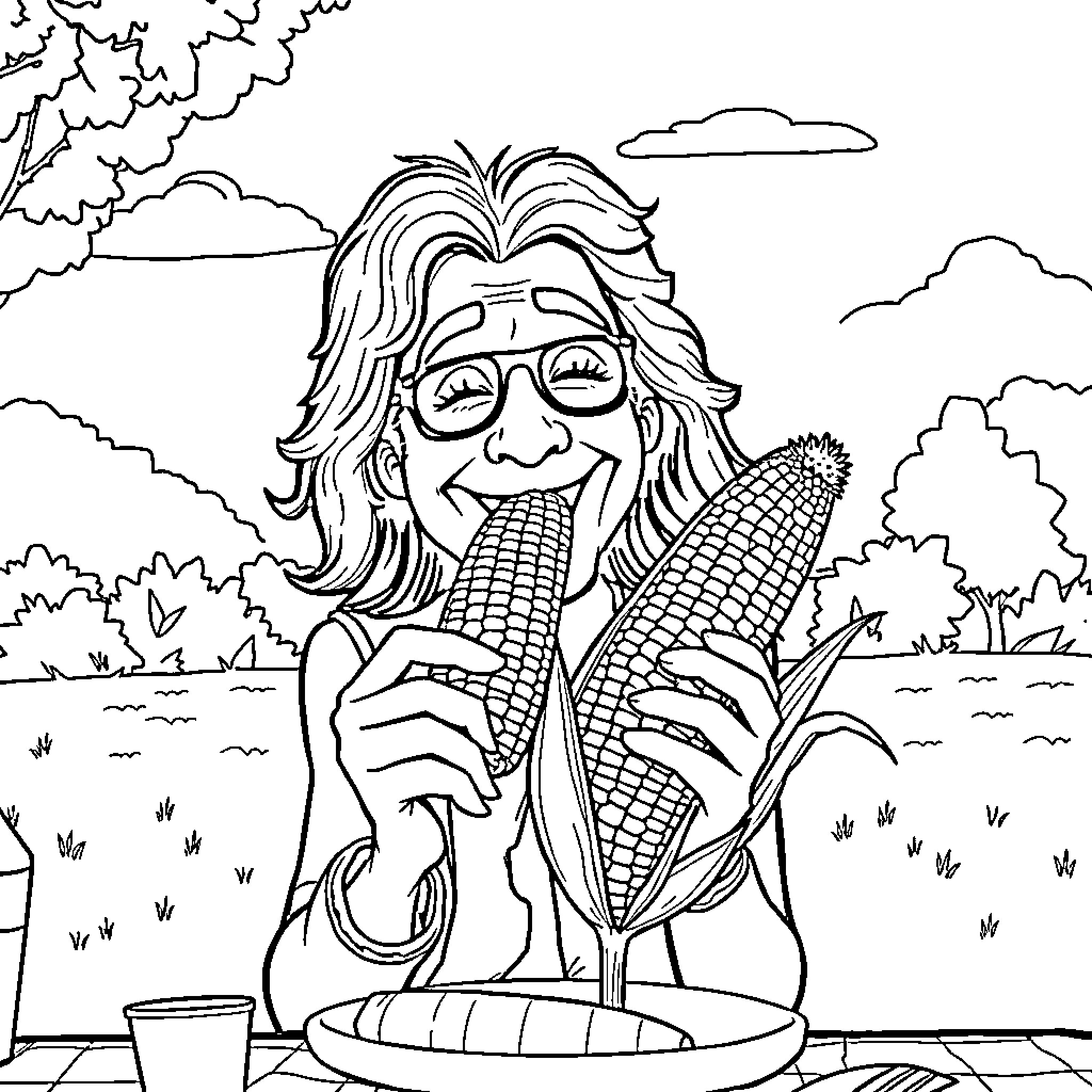 Famous Person Smiling and Enjoying Corn in Nature Coloring Page (free black-and-white line drawing printable PDF for all, from beginners to advanced learners, including children, teens, adults, and seniors)