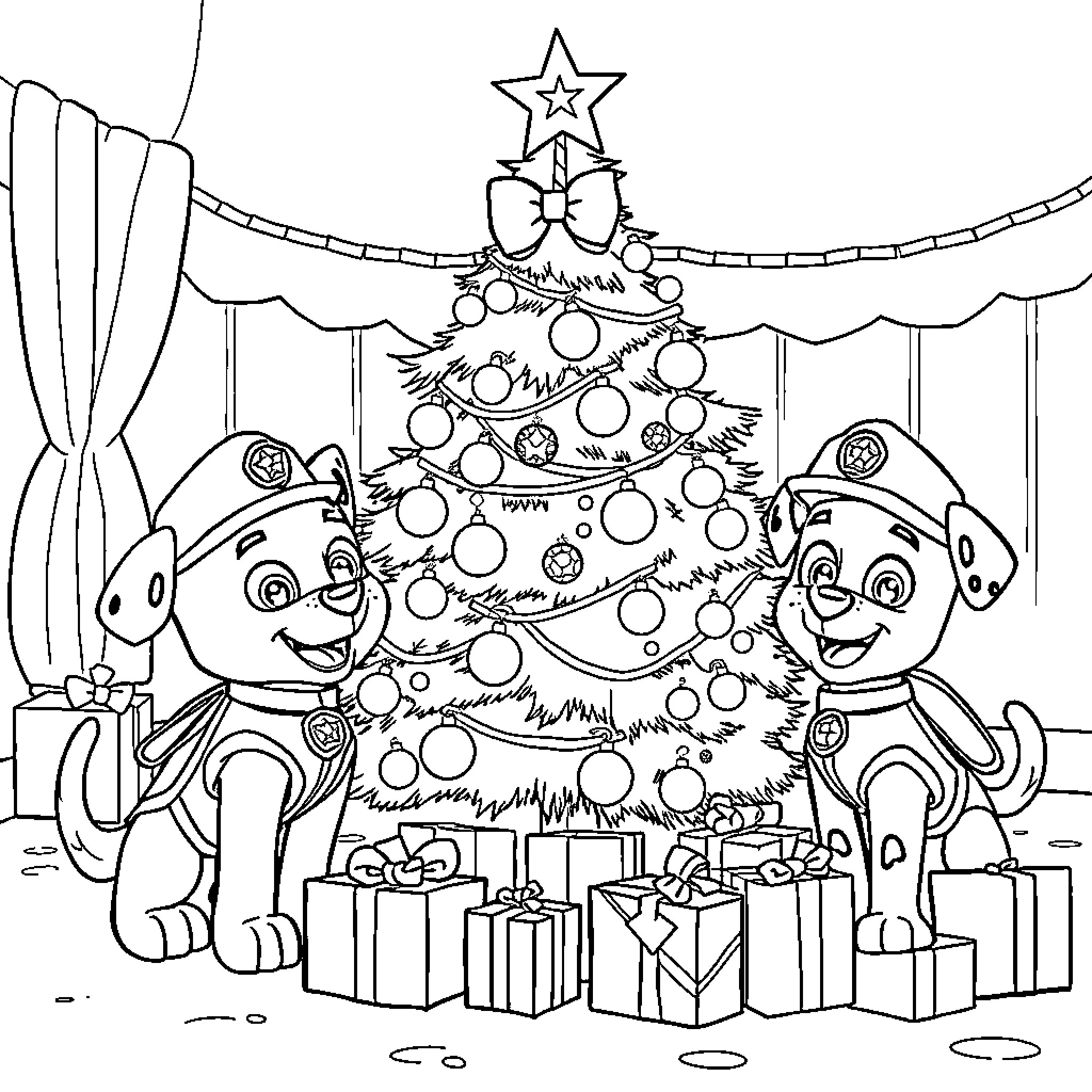 Paw Patrol Celebrating Christmas with Tree and Gifts Coloring Page (free black-and-white line drawing printable PDF for all, from beginners to advanced learners, including children, teens, adults, and seniors)