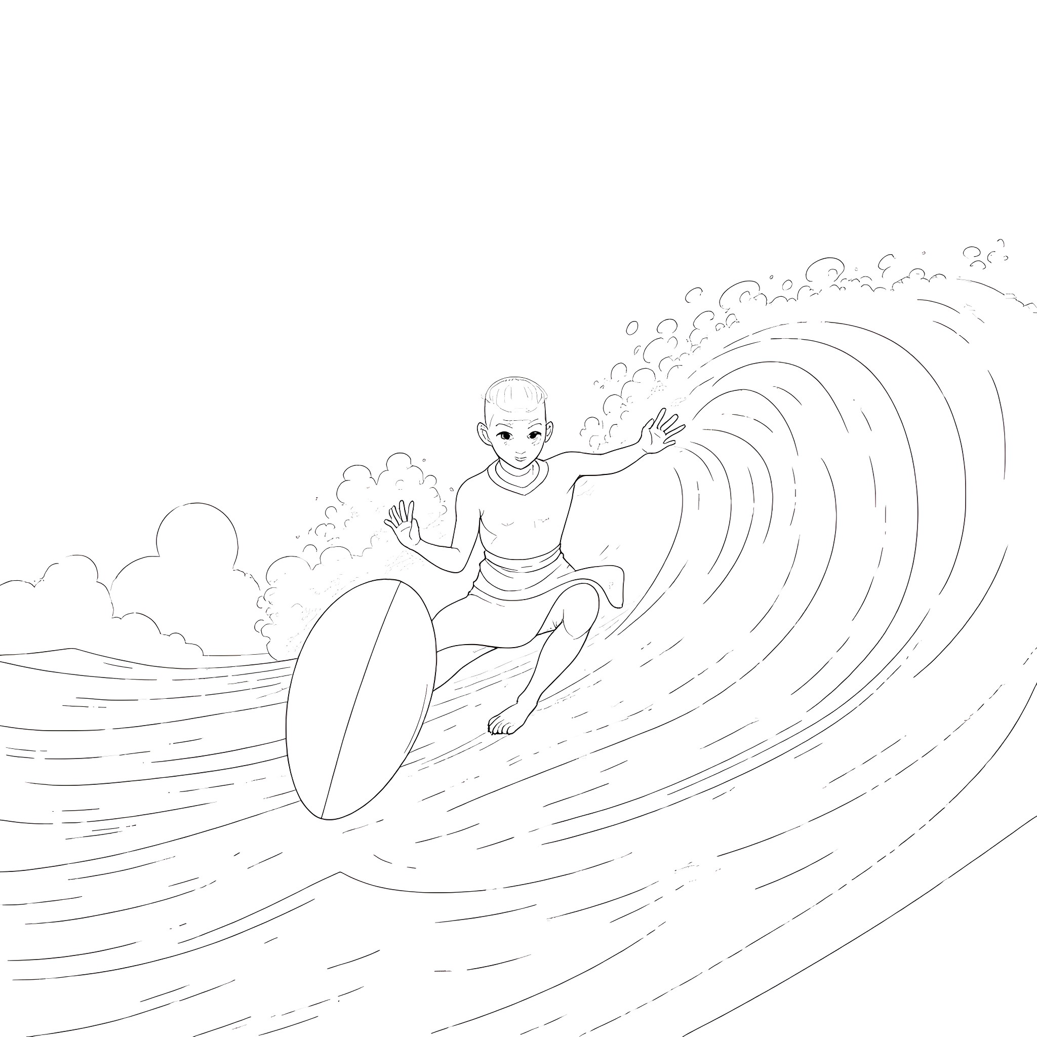 Aang surfing through the waves Coloring Page (free black-and-white line drawing printable PDF for all, from beginners to advanced learners, including children, teens, adults, and seniors)