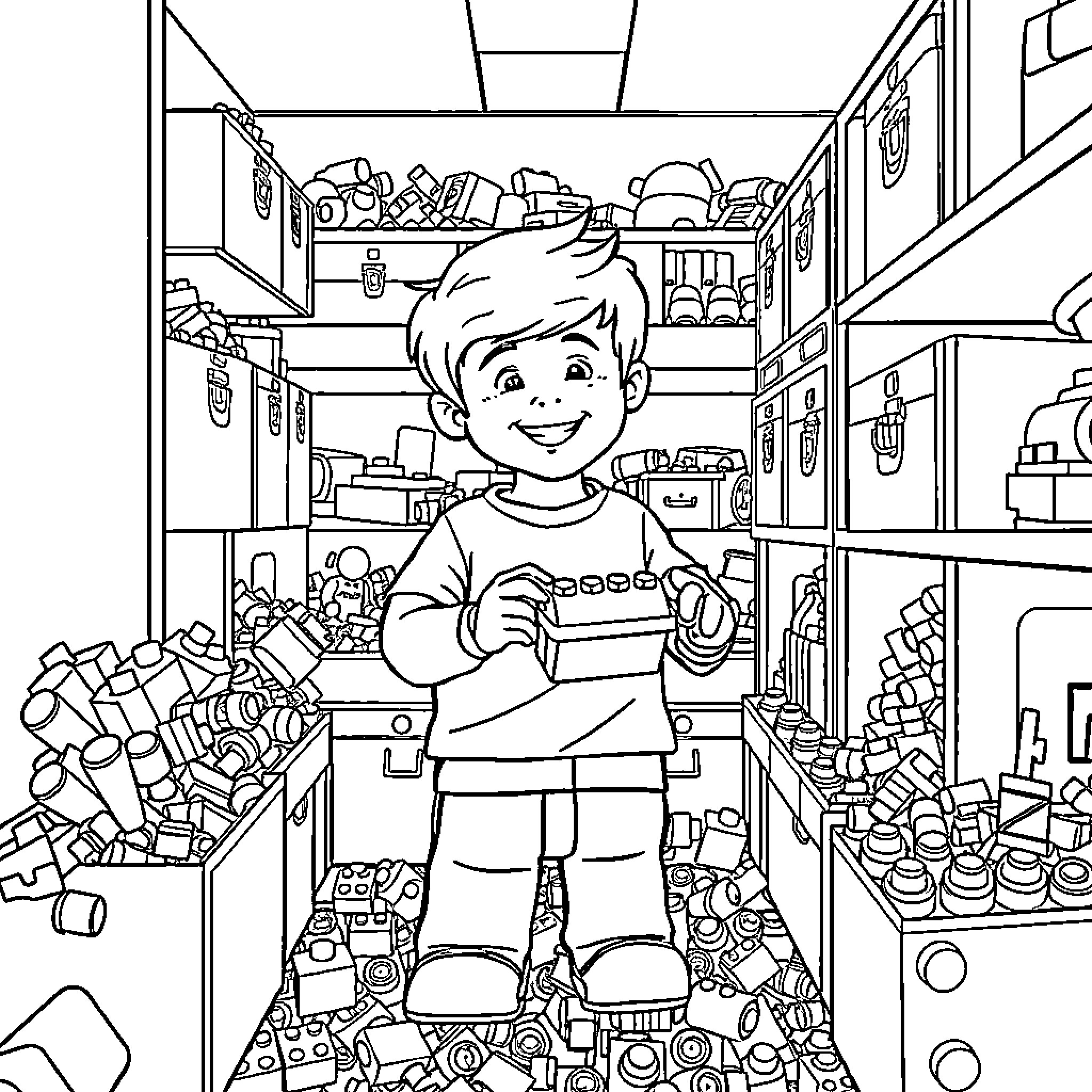 Niño exploring cluttered toy store Coloring Page (free black-and-white line drawing printable PDF for all, from beginners to advanced learners, including children, teens, adults, and seniors)
