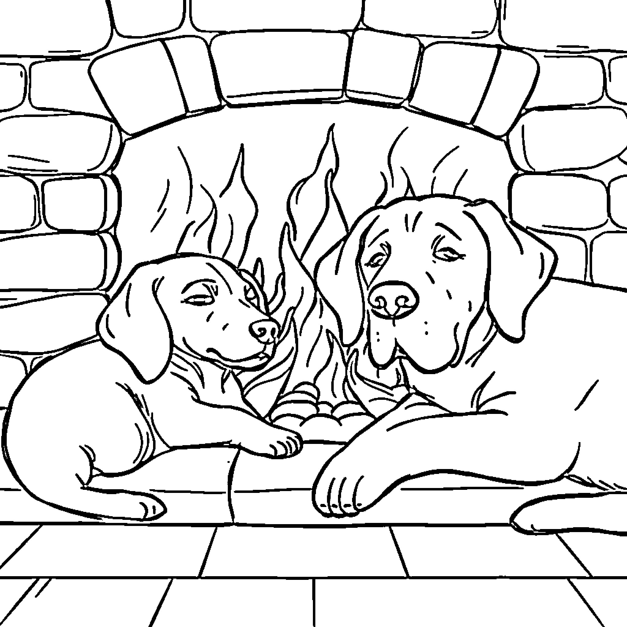 Dogs Relaxing by the Fireplace Coloring Page (free black-and-white line drawing printable PDF for all, from beginners to advanced learners, including children, teens, adults, and seniors)