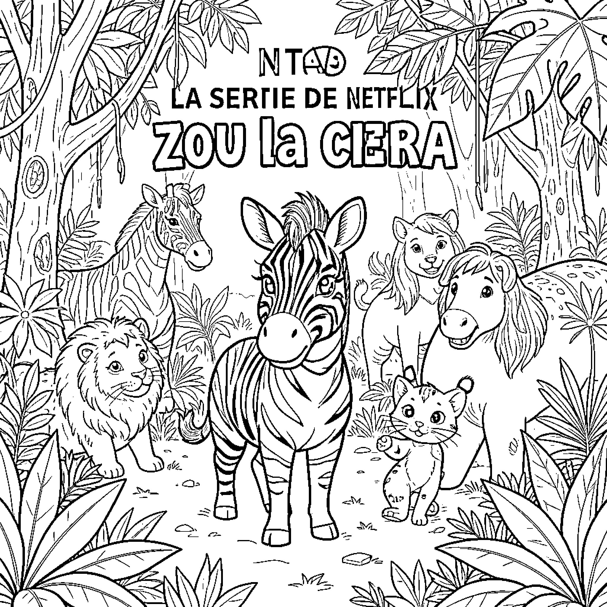 Zou and the Colorful Creatures in the Wild Coloring Page (free black-and-white line drawing printable PDF for all, from beginners to advanced learners, including children, teens, adults, and seniors)