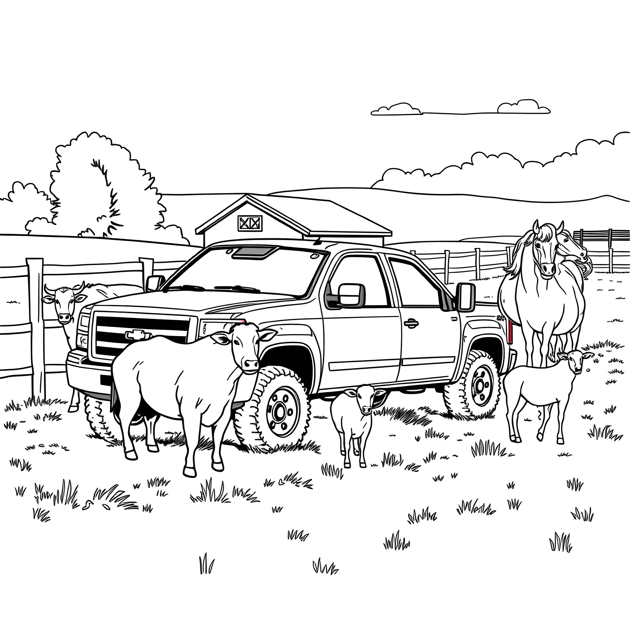 Livestock in a rural farm scene Coloring Page (free black-and-white line drawing printable PDF for all, from beginners to advanced learners, including children, teens, adults, and seniors)