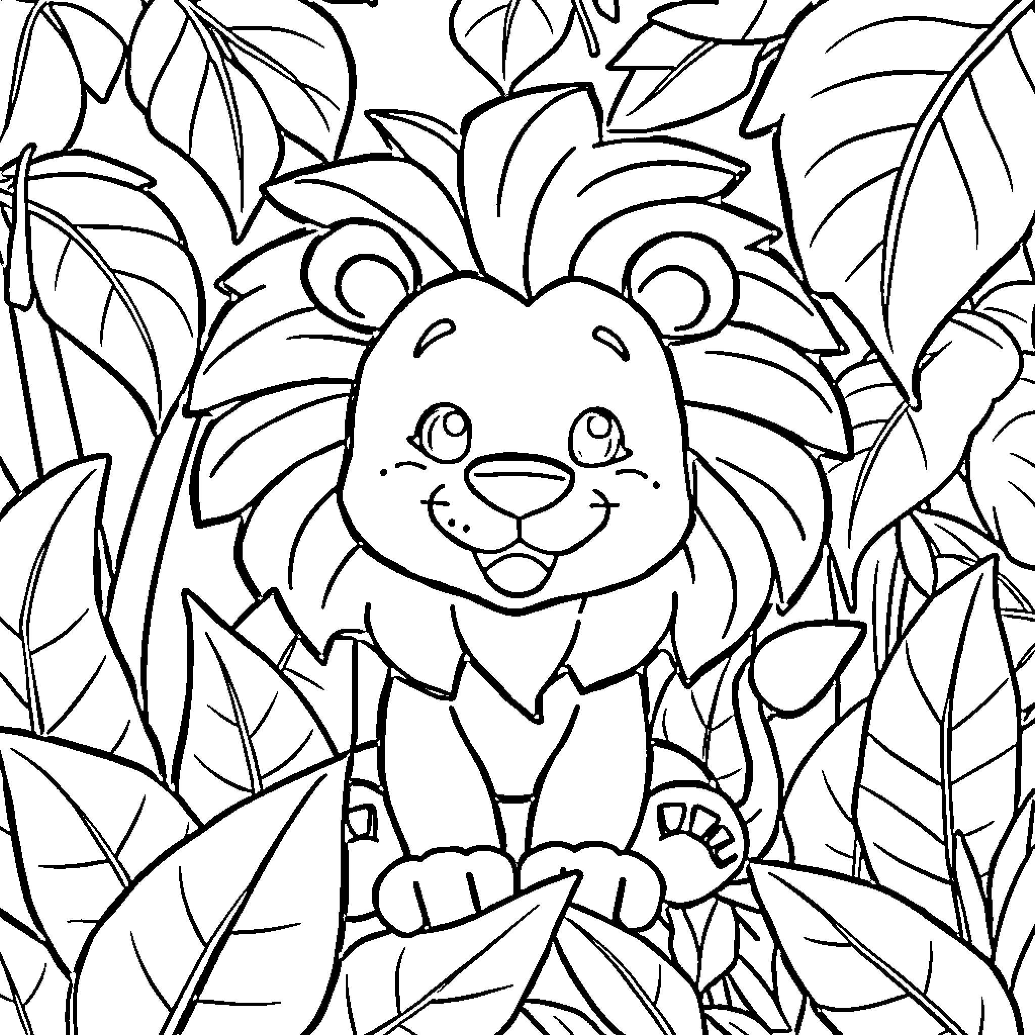Lion cub happily playing in the jungle Coloring Page (free black-and-white line drawing printable PDF for all, from beginners to advanced learners, including children, teens, adults, and seniors)