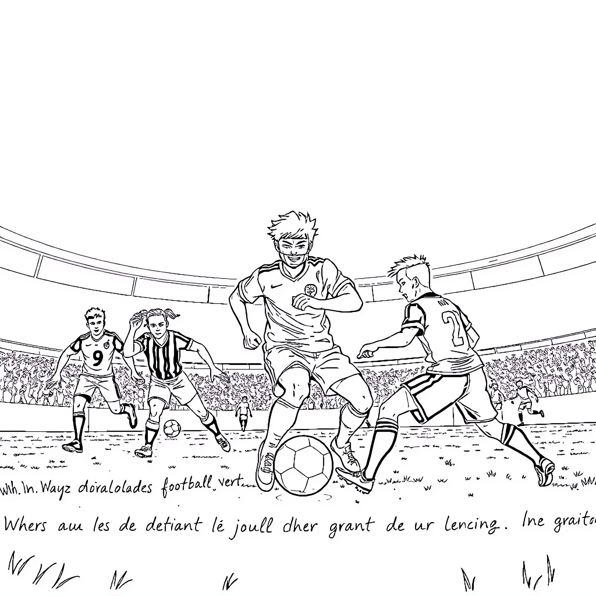 Anime soccer players competing on the field Coloring Page (free black-and-white line drawing printable PDF for all, from beginners to advanced learners, including children, teens, adults, and seniors)