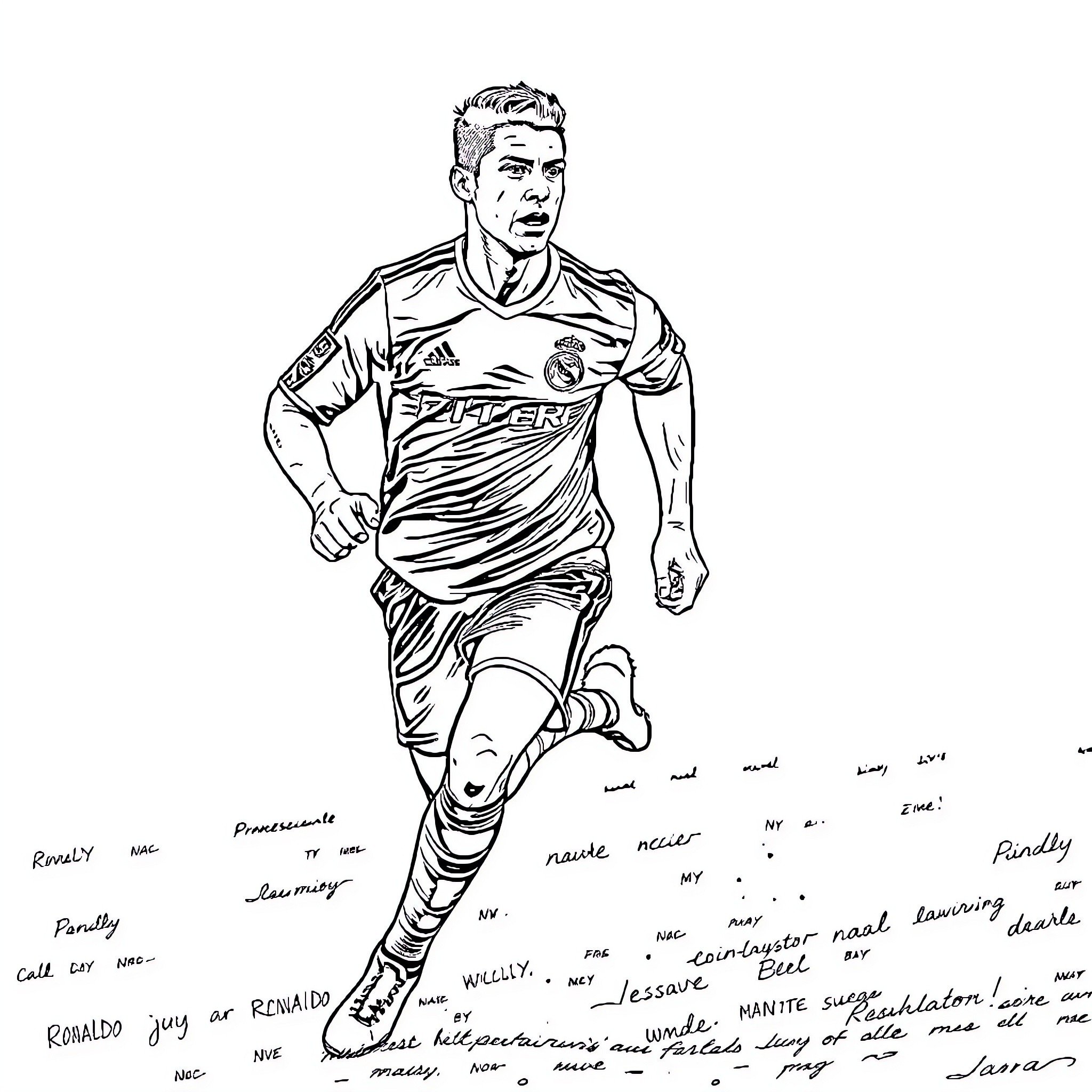 Ronaldo in Action on the Soccer Field Coloring Page (free black-and-white line drawing printable PDF for all, from beginners to advanced learners, including children, teens, adults, and seniors)