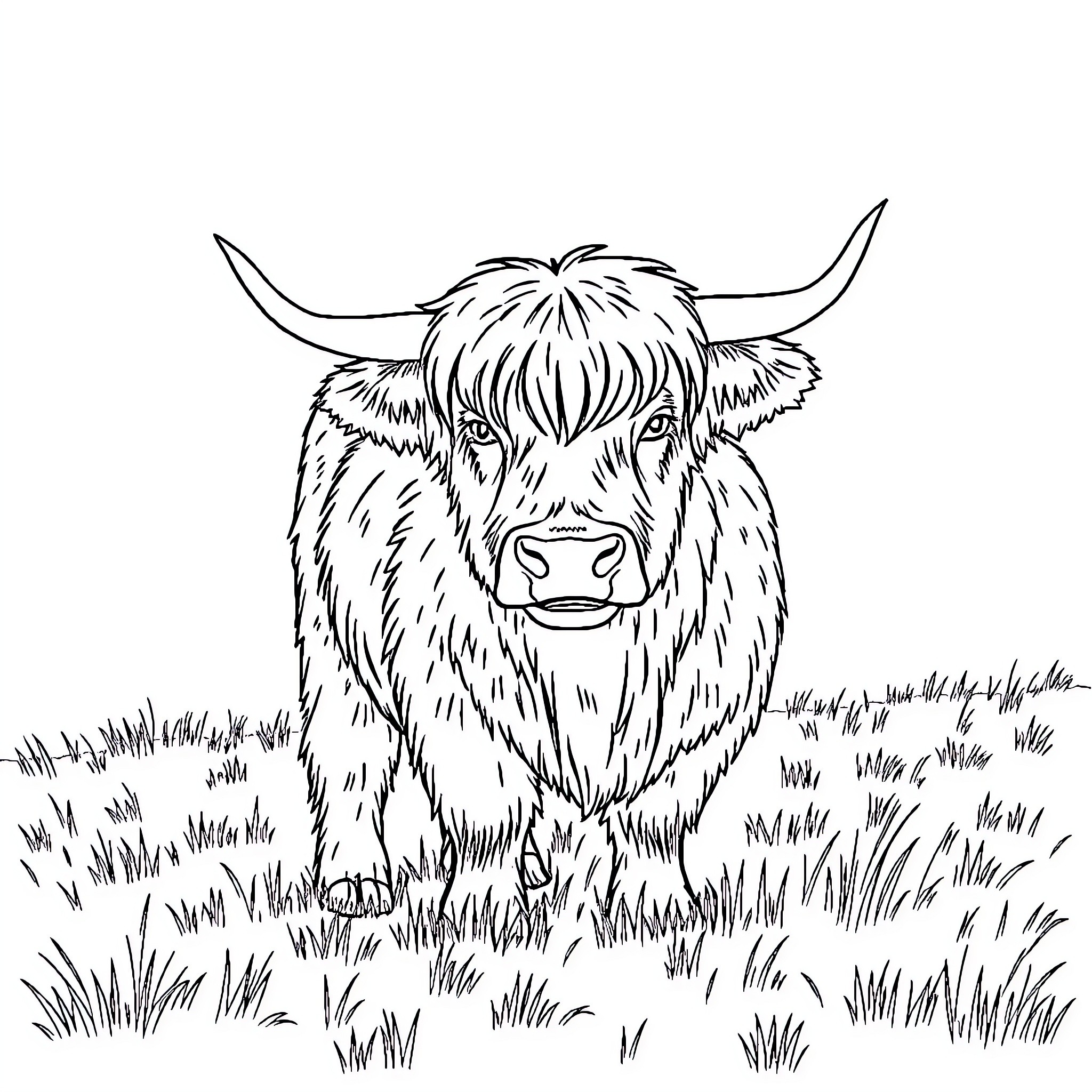 Highland Cow Peering Curiously in Grassy Field Coloring Page (free black-and-white line drawing printable PDF for all, from beginners to advanced learners, including children, teens, adults, and seniors)