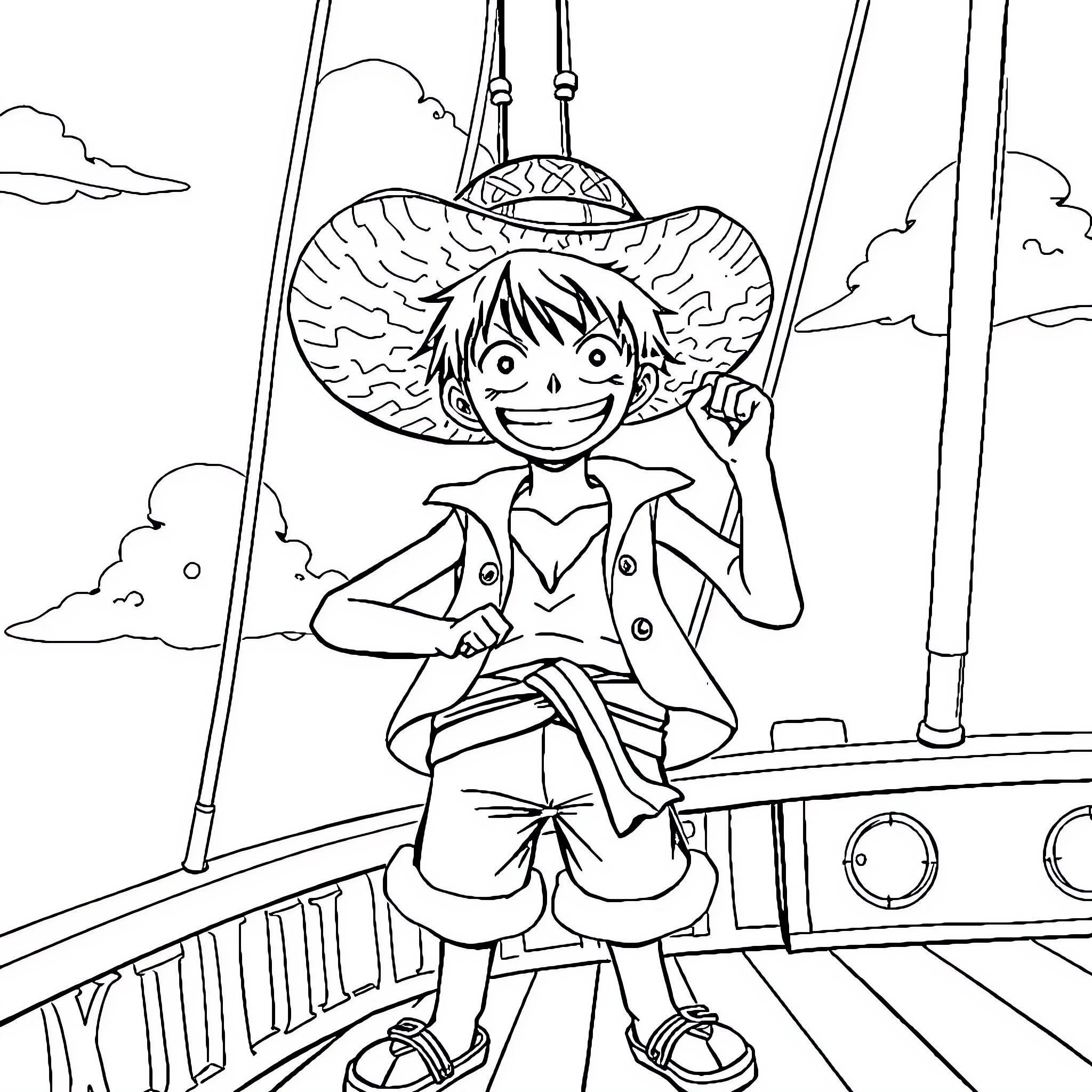 Luffy's Adventurous Voyage on the High Seas Coloring Page (free black-and-white line drawing printable PDF for all, from beginners to advanced learners, including children, teens, adults, and seniors)