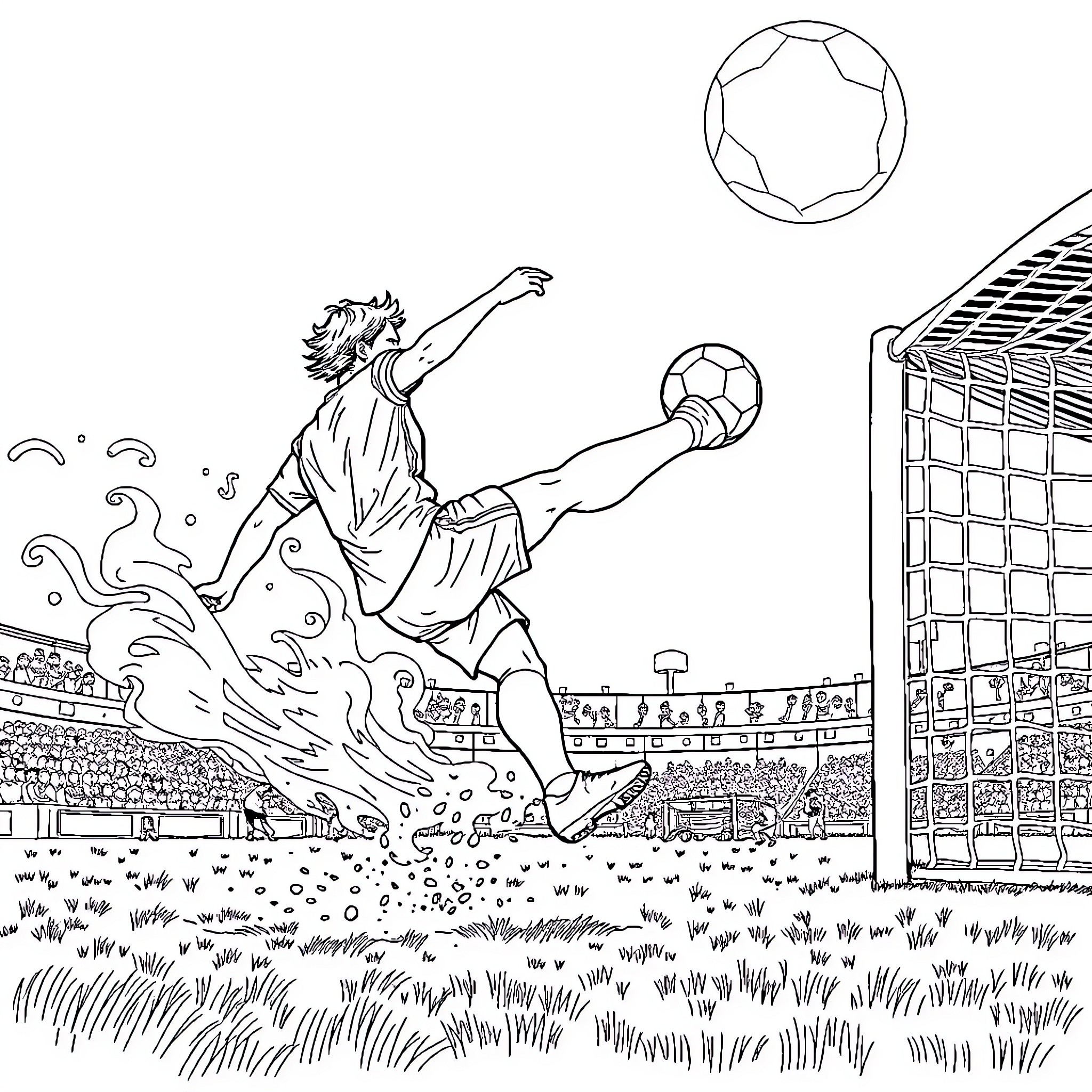 Chilena soccer player making a dynamic kick during a match Coloring Page (free black-and-white line drawing printable PDF for all, from beginners to advanced learners, including children, teens, adults, and seniors)