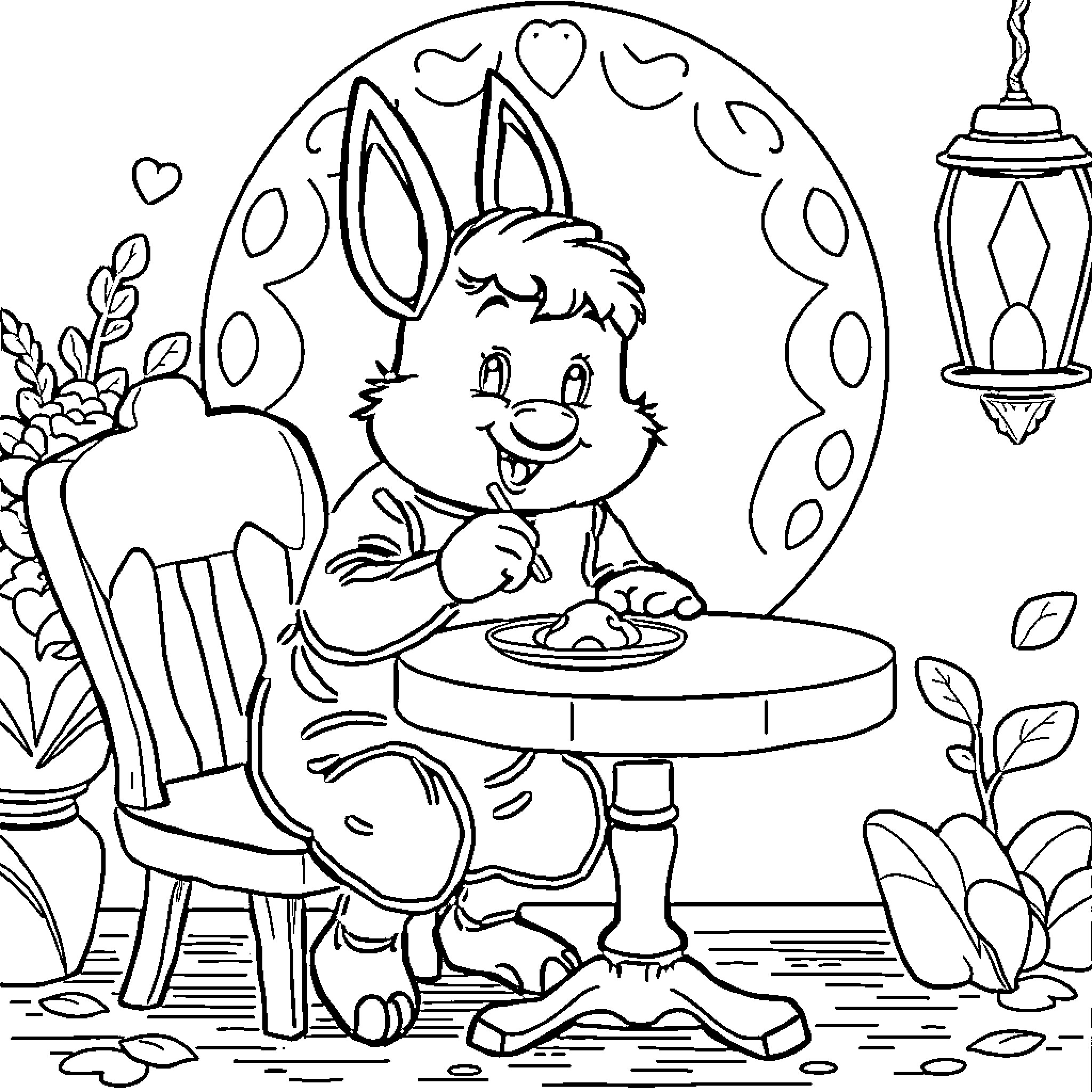 Cinderella's bunny friend eating happily at a table Coloring Page (free black-and-white line drawing printable PDF for all, from beginners to advanced learners, including children, teens, adults, and seniors)