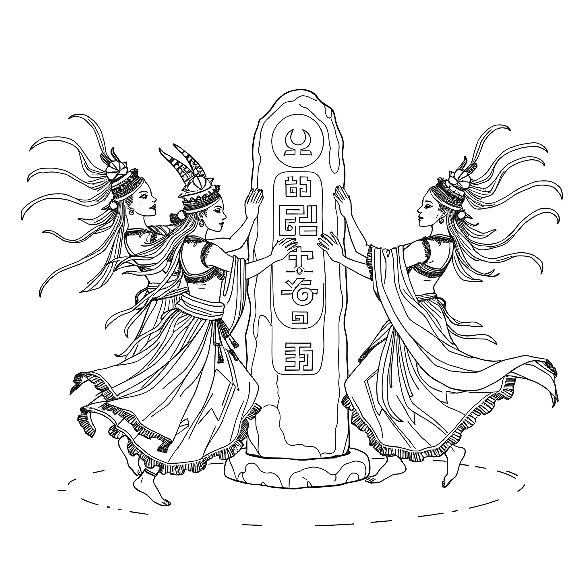 Gawonii Ancient Goddesses Dancing in Ritual Coloring Page (free black-and-white line drawing printable PDF for all, from beginners to advanced learners, including children, teens, adults, and seniors)
