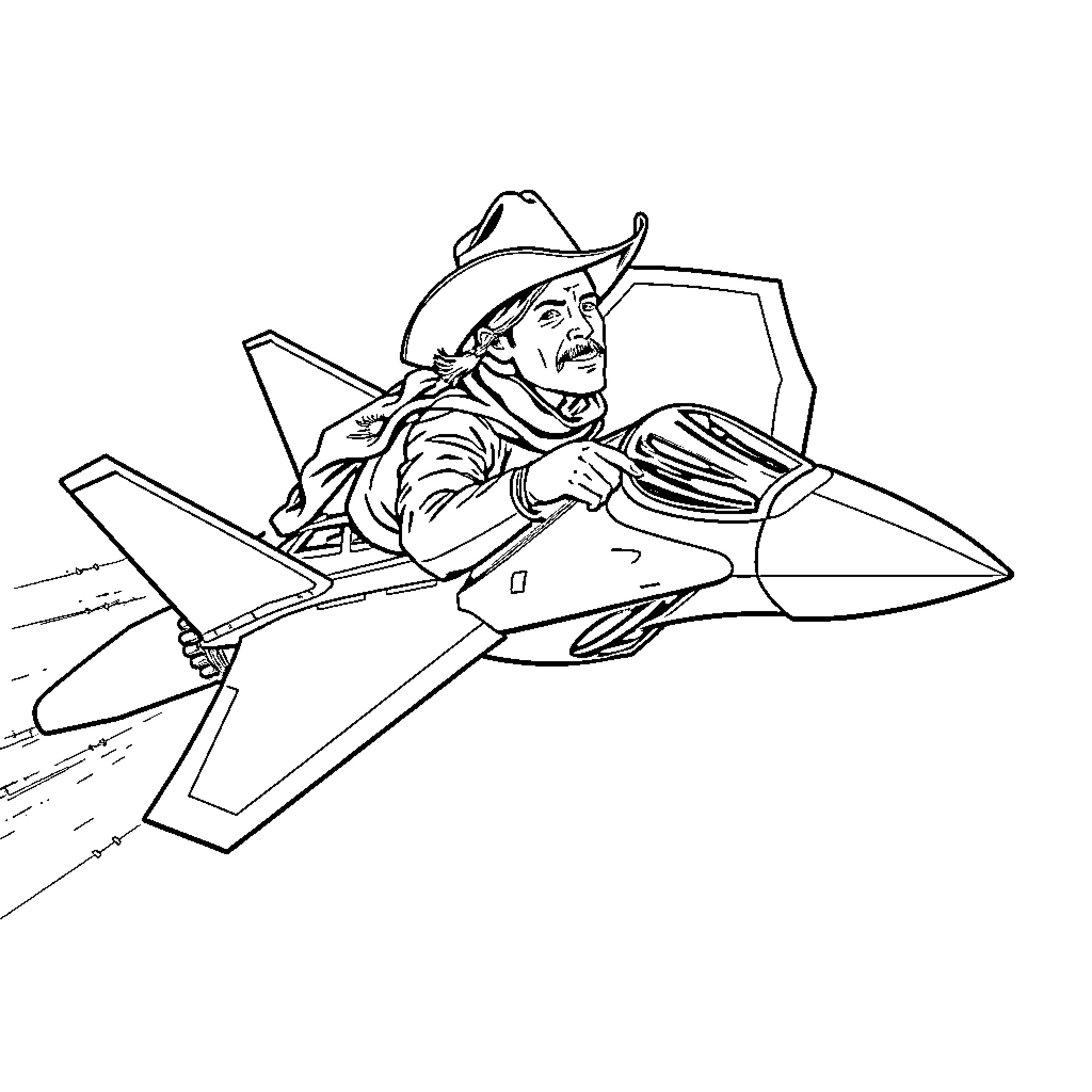 Cowboy riding a futuristic jet fighter Coloring Page (free black-and-white line drawing printable PDF for all, from beginners to advanced learners, including children, teens, adults, and seniors)