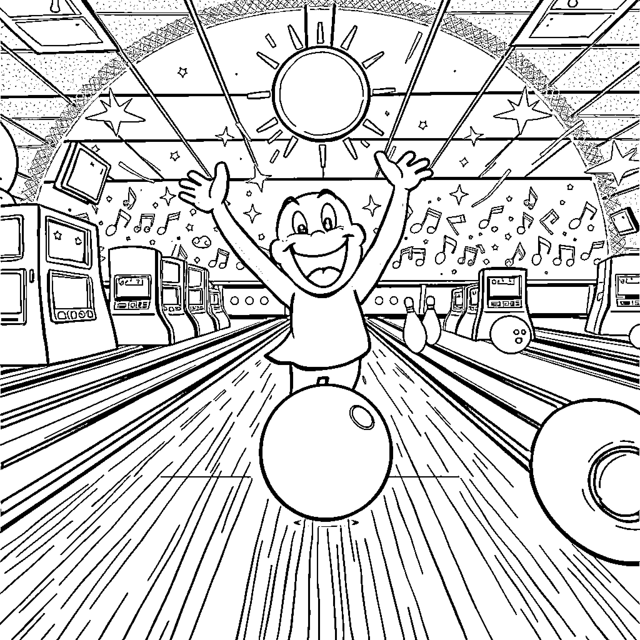 Bluey Enjoying a Lively Bowling Game Coloring Page (free black-and-white line drawing printable PDF for all, from beginners to advanced learners, including children, teens, adults, and seniors)