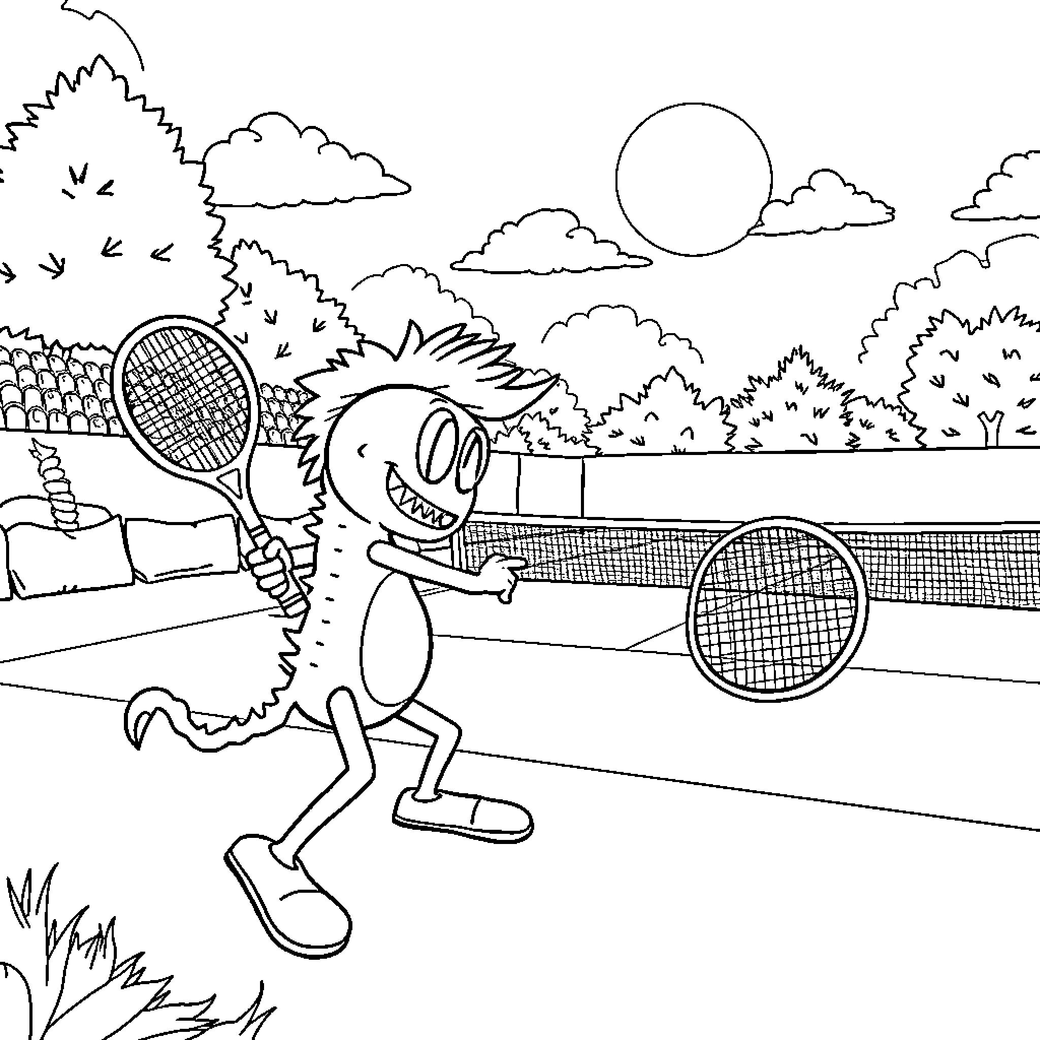 Creeper having a tennis match in the park Coloring Page (free black-and-white line drawing printable PDF for all, from beginners to advanced learners, including children, teens, adults, and seniors)