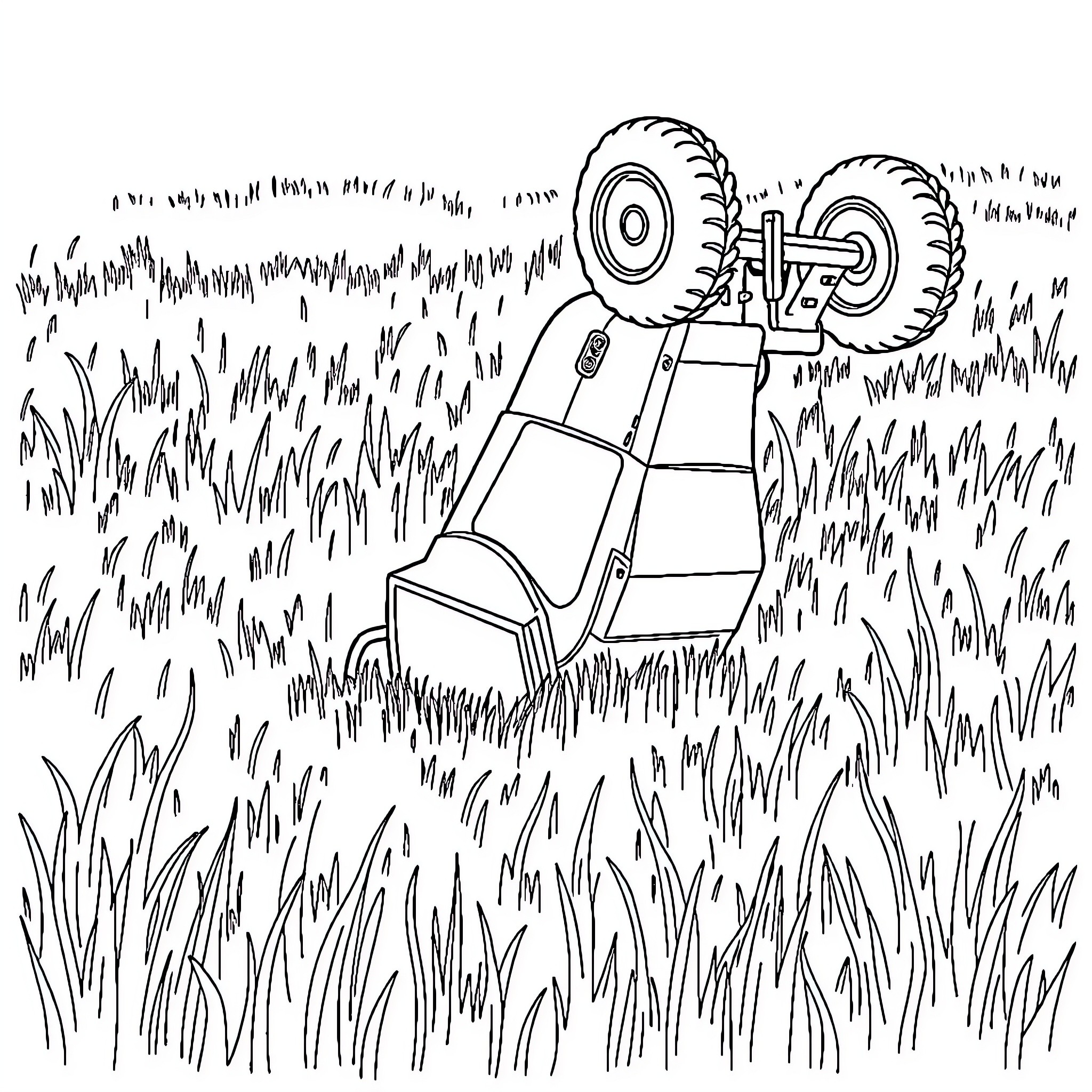 Tractor working in the field with tall grass Coloring Page (free black-and-white line drawing printable PDF for all, from beginners to advanced learners, including children, teens, adults, and seniors)