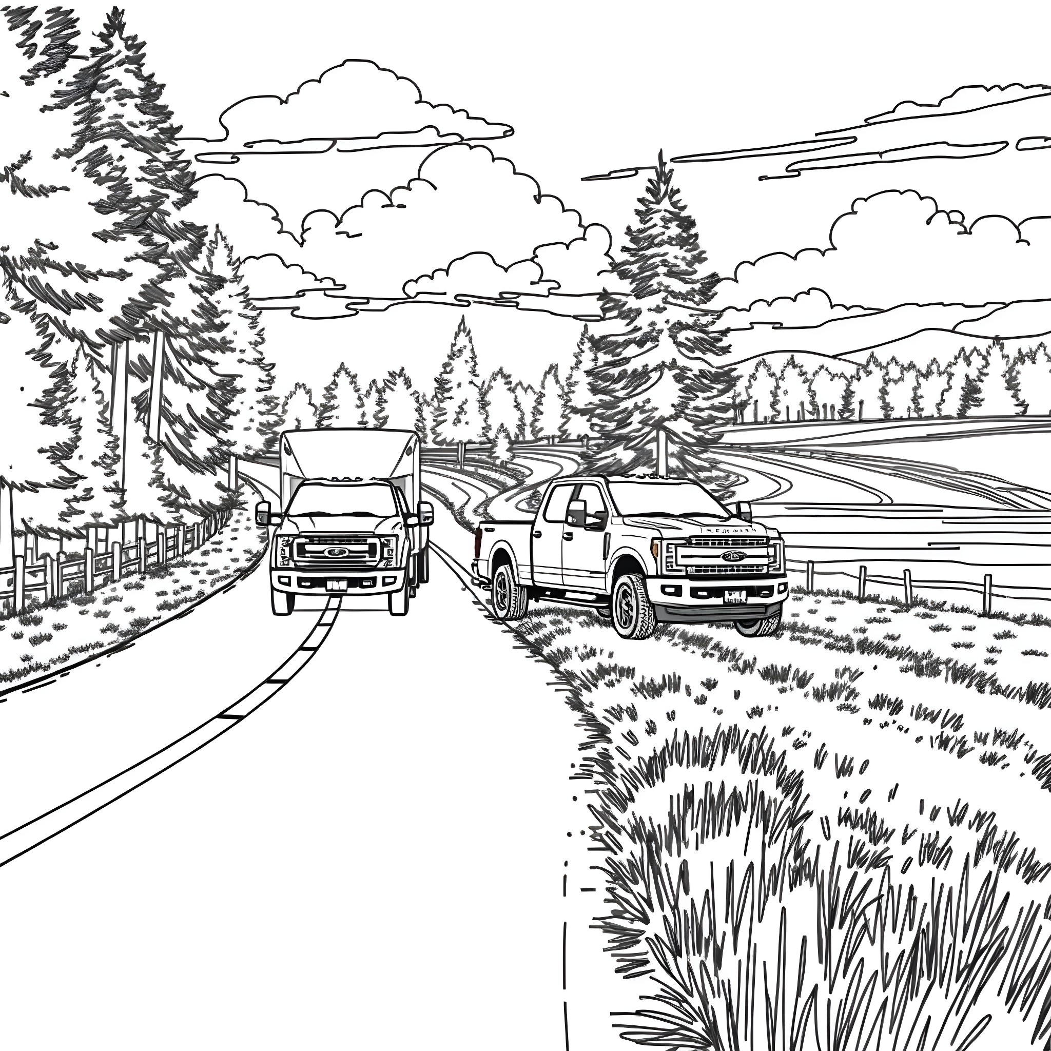 Gooseneck Trailer Transporting Cargo on Rural Road Coloring Page (free black-and-white line drawing printable PDF for all, from beginners to advanced learners, including children, teens, adults, and seniors)