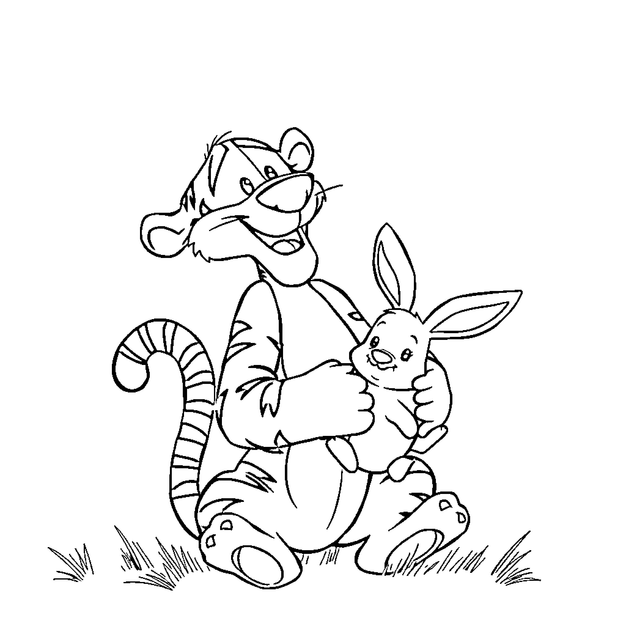 Tigger playing happily with his rabbit friend Coloring Page (free black-and-white line drawing printable PDF for all, from beginners to advanced learners, including children, teens, adults, and seniors)
