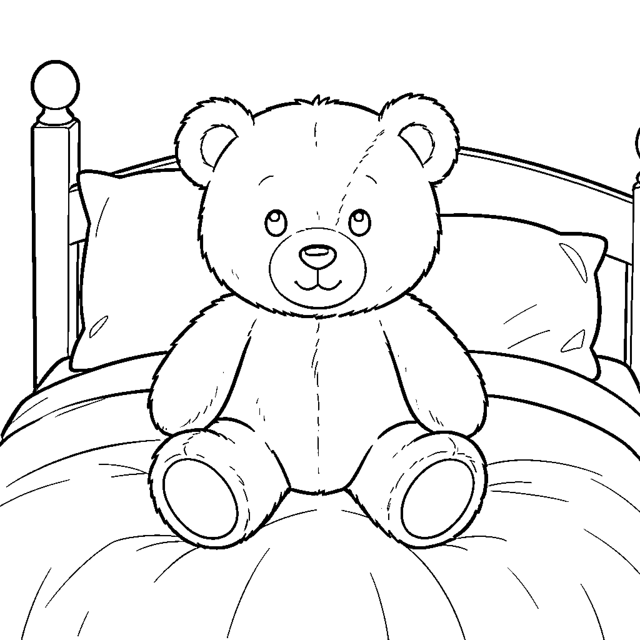 Teddy Bear sitting comfortably on a cozy bed Coloring Page (free black-and-white line drawing printable PDF for all, from beginners to advanced learners, including children, teens, adults, and seniors)
