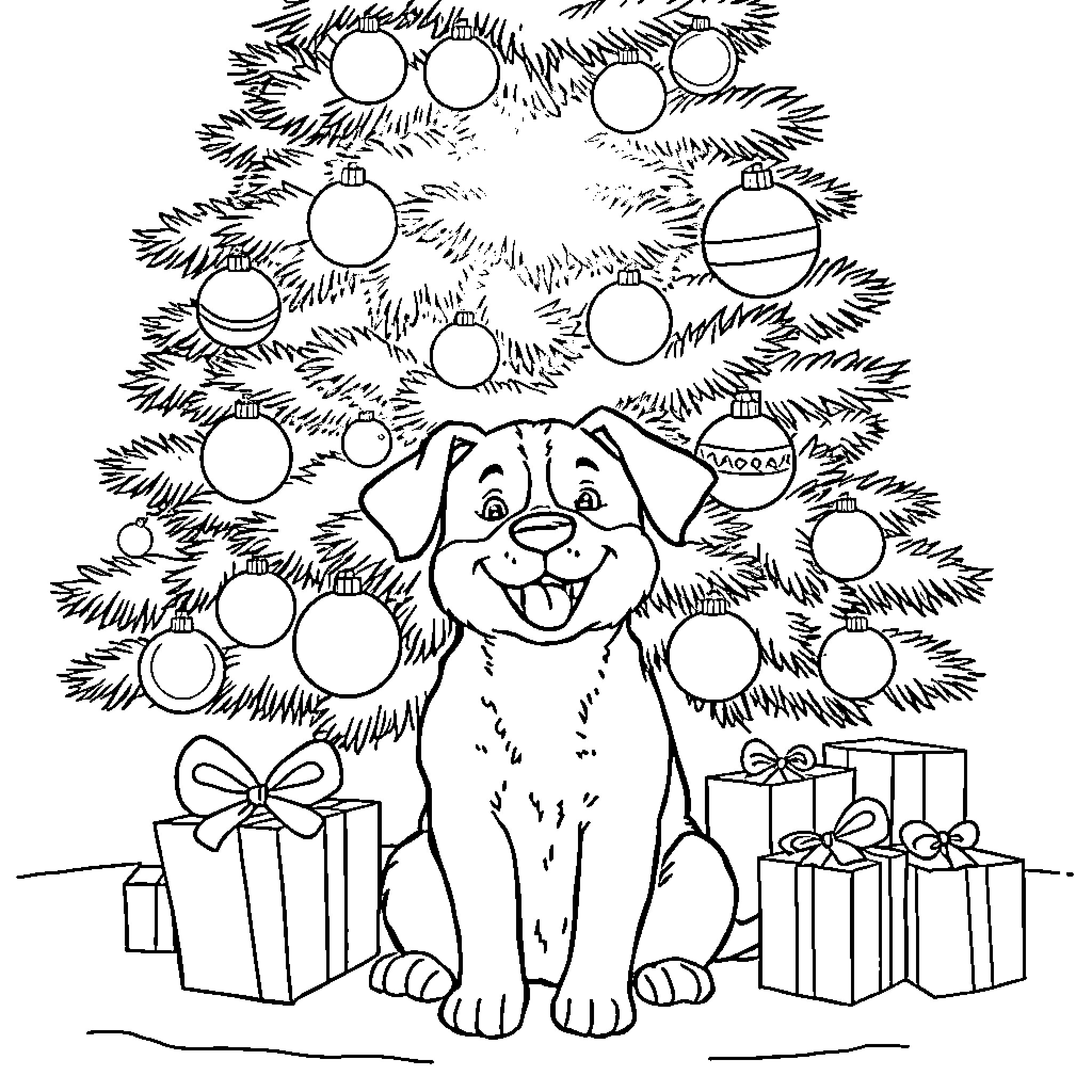 Dog Enjoying Christmas Decorations with Gifts Coloring Page (free black-and-white line drawing printable PDF for all, from beginners to advanced learners, including children, teens, adults, and seniors)