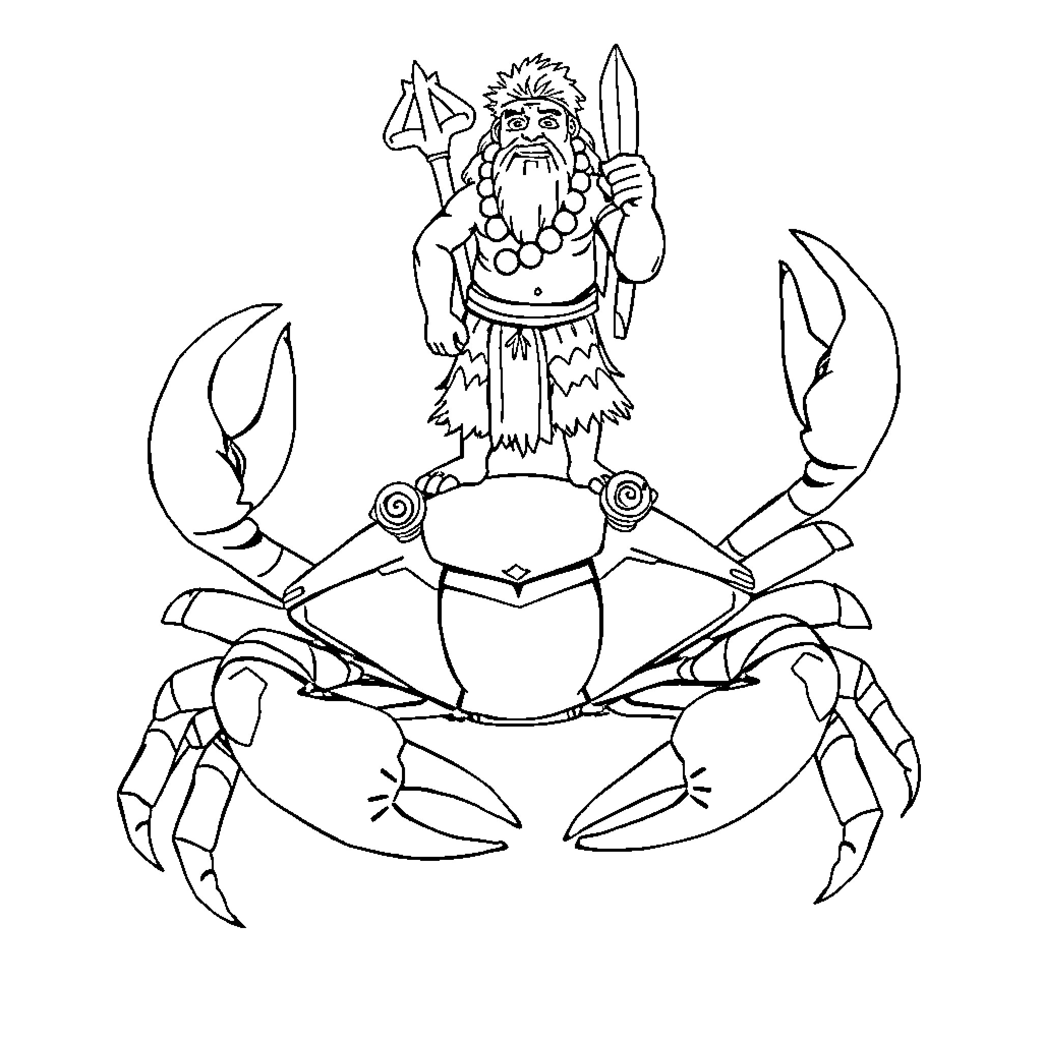 Maui the Crab Warrior with Spear Coloring Page (free black-and-white line drawing printable PDF for all, from beginners to advanced learners, including children, teens, adults, and seniors)