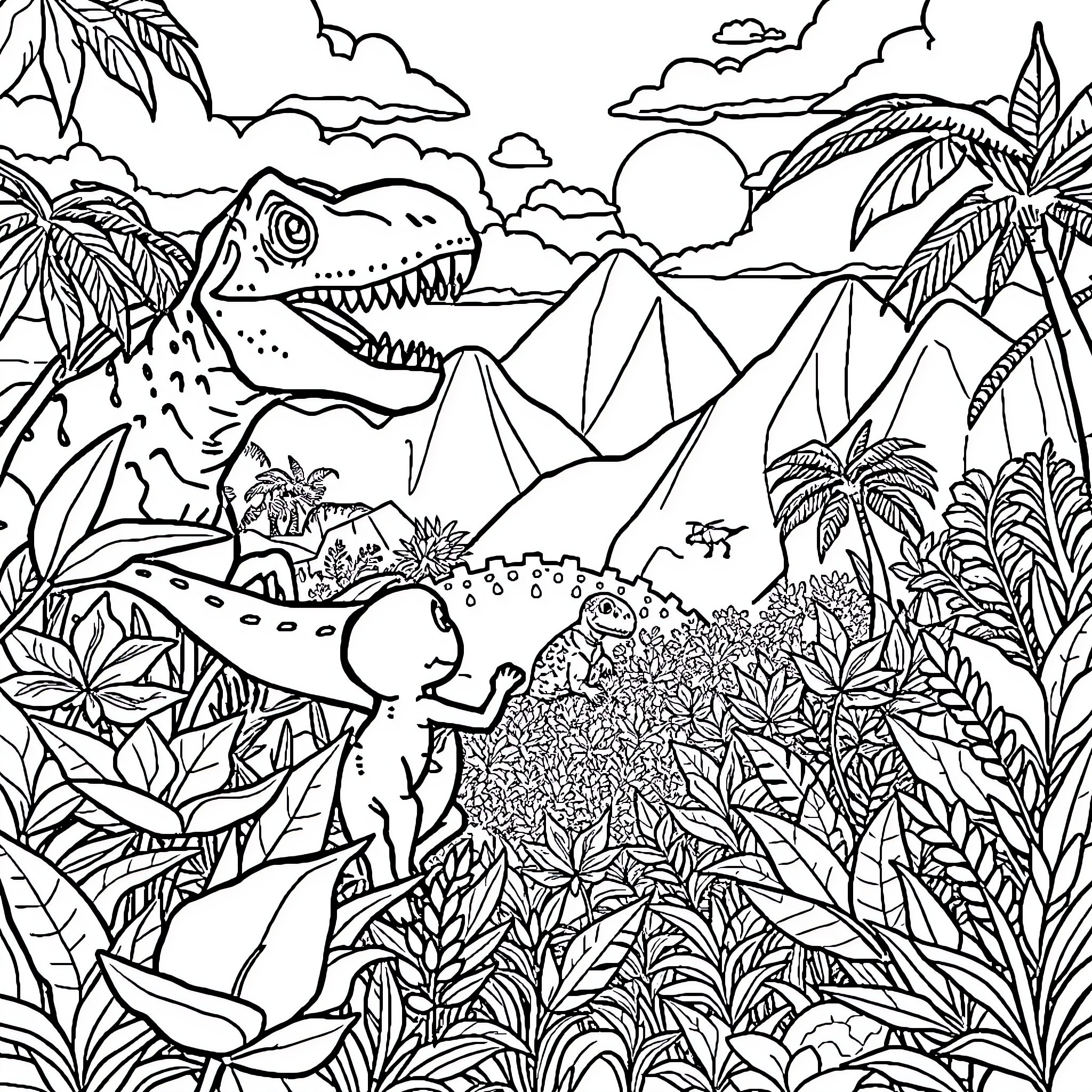 Dinosaur exploring the lush jungle landscape Coloring Page (free black-and-white line drawing printable PDF for all, from beginners to advanced learners, including children, teens, adults, and seniors)