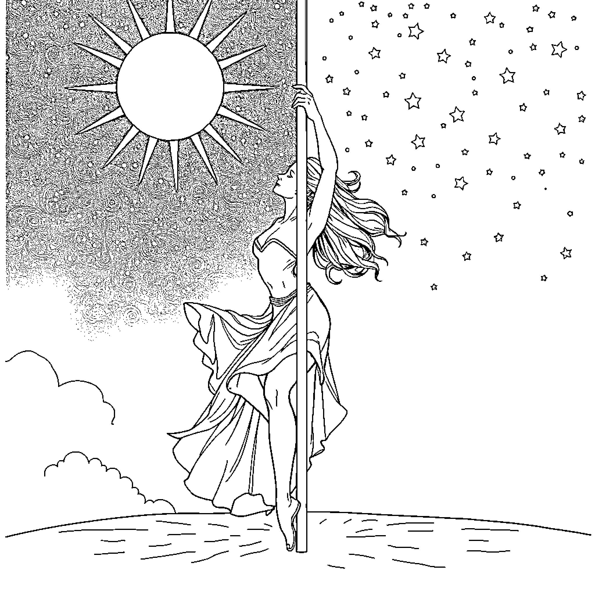 Pole Dancer Reaching for the Celestial Realm Coloring Page (free black-and-white line drawing printable PDF for all, from beginners to advanced learners, including children, teens, adults, and seniors)