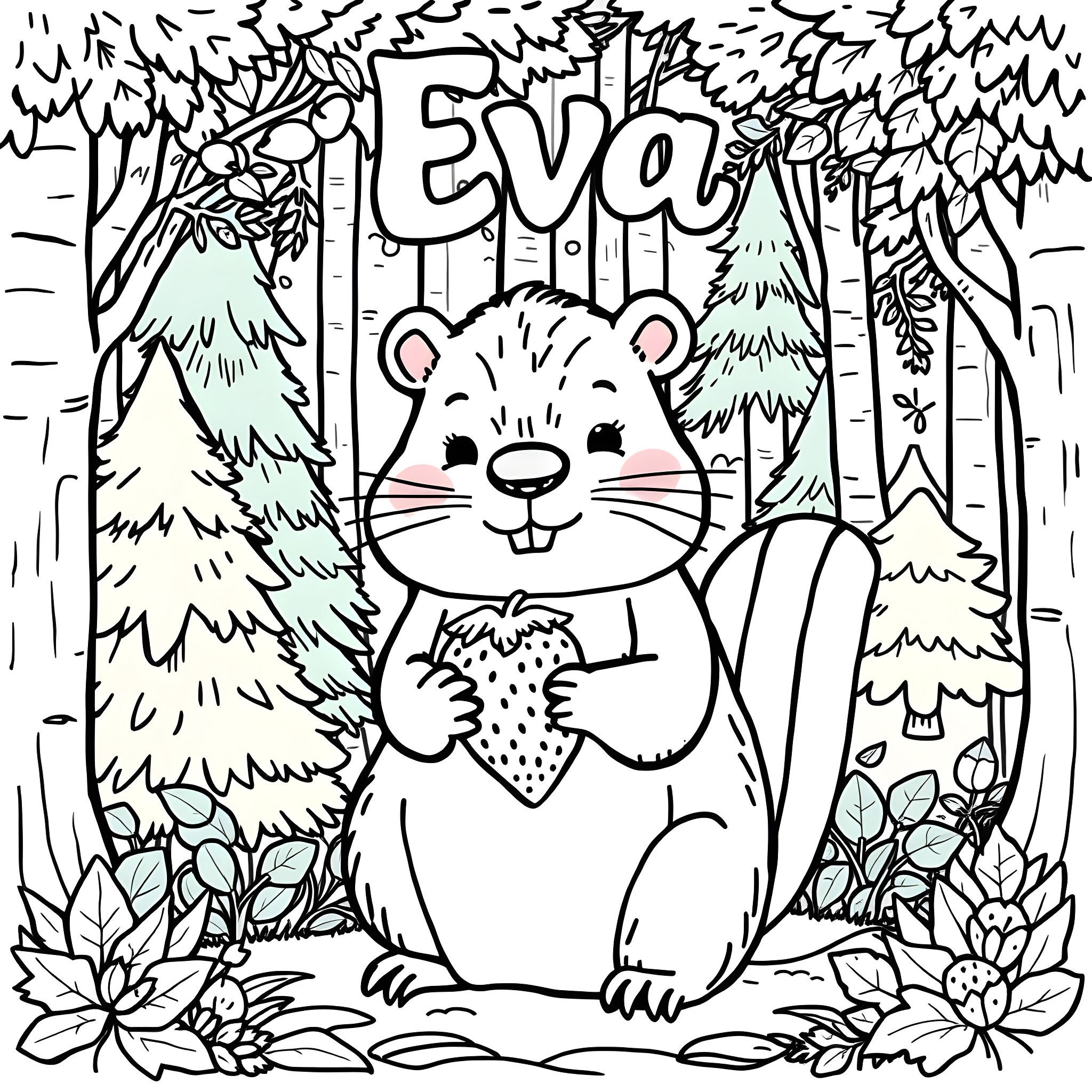 Beaver enjoying a tasty snack in the forest Coloring Page (free black-and-white line drawing printable PDF for all, from beginners to advanced learners, including children, teens, adults, and seniors)