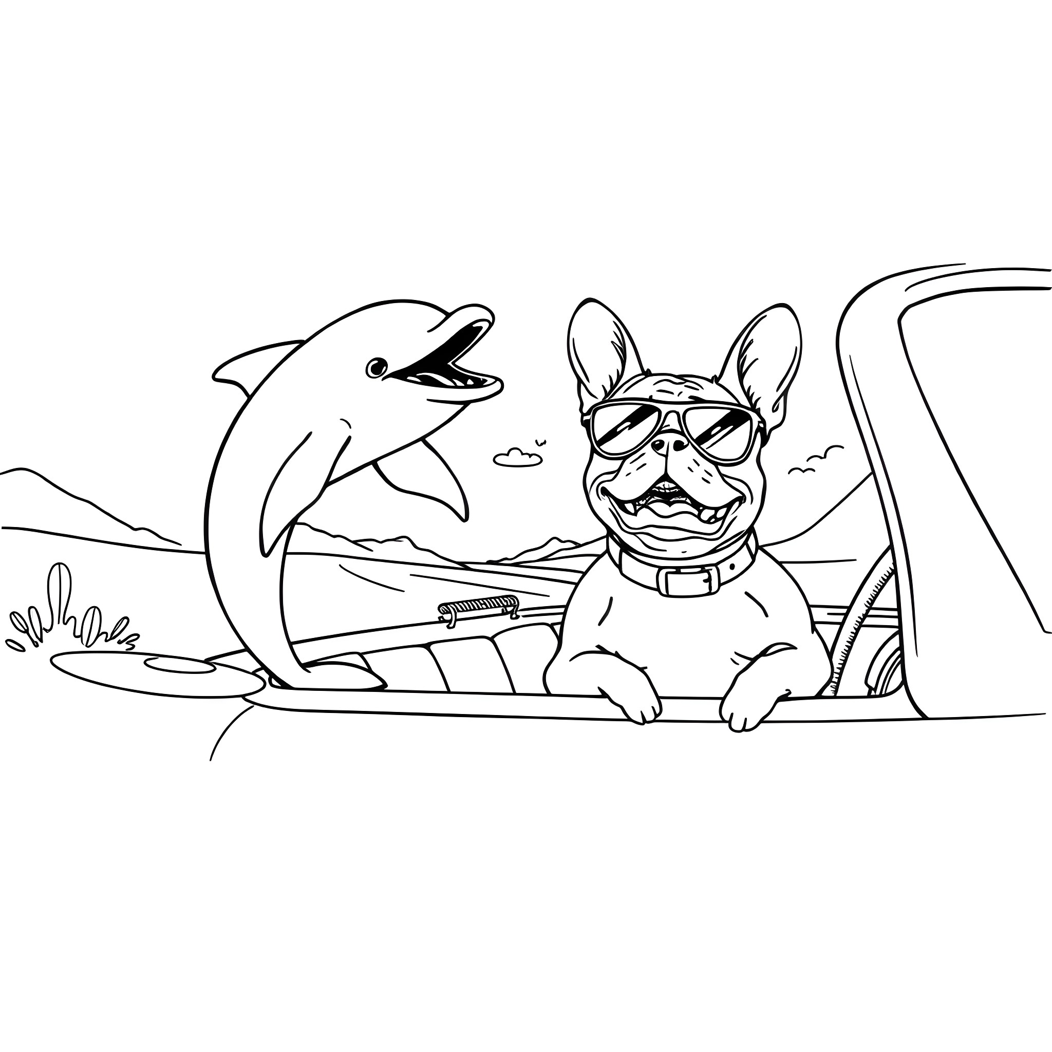 Dolphin and dog playing together on the beach Coloring Page (free black-and-white line drawing printable PDF for all, from beginners to advanced learners, including children, teens, adults, and seniors)