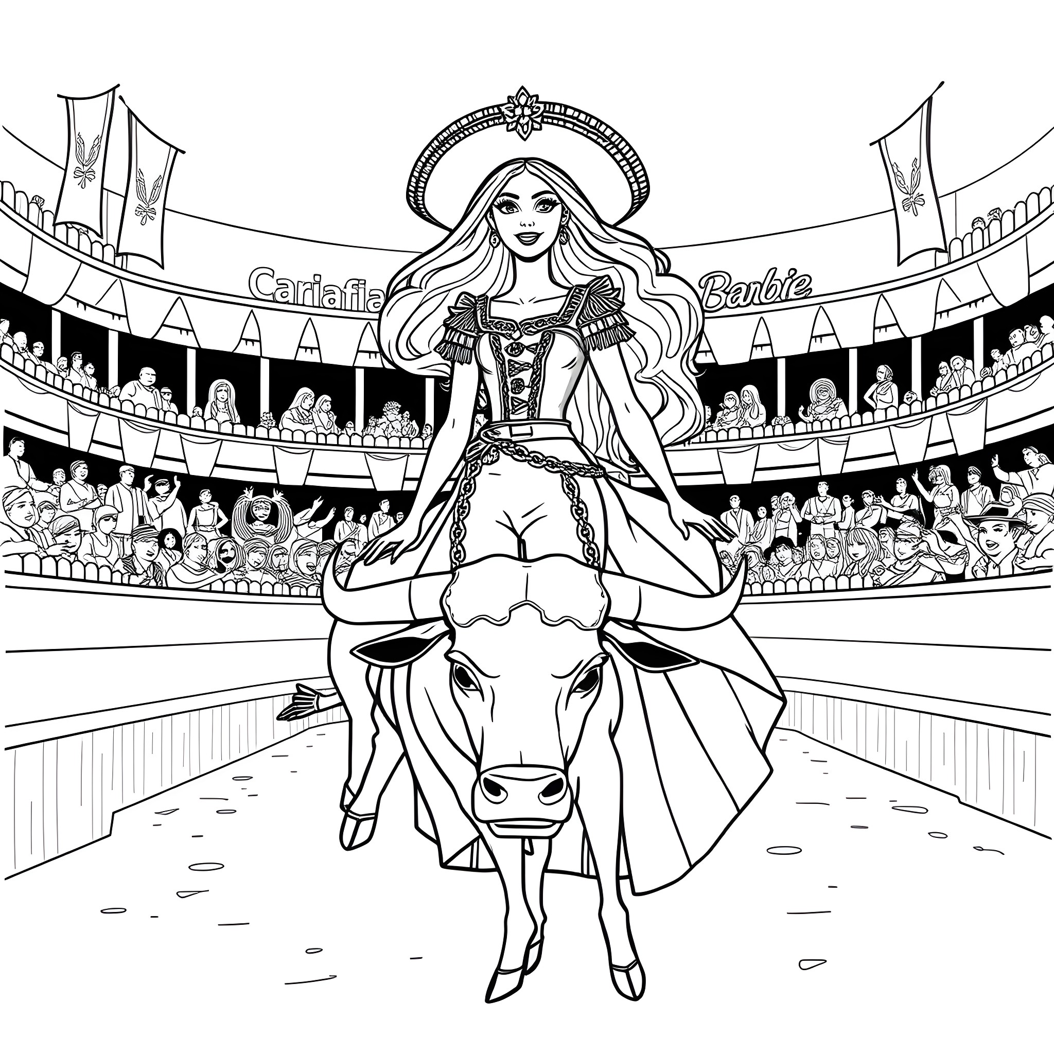Barbie Rodeo Star Performing in Arena Coloring Page (free black-and-white line drawing printable PDF for all, from beginners to advanced learners, including children, teens, adults, and seniors)