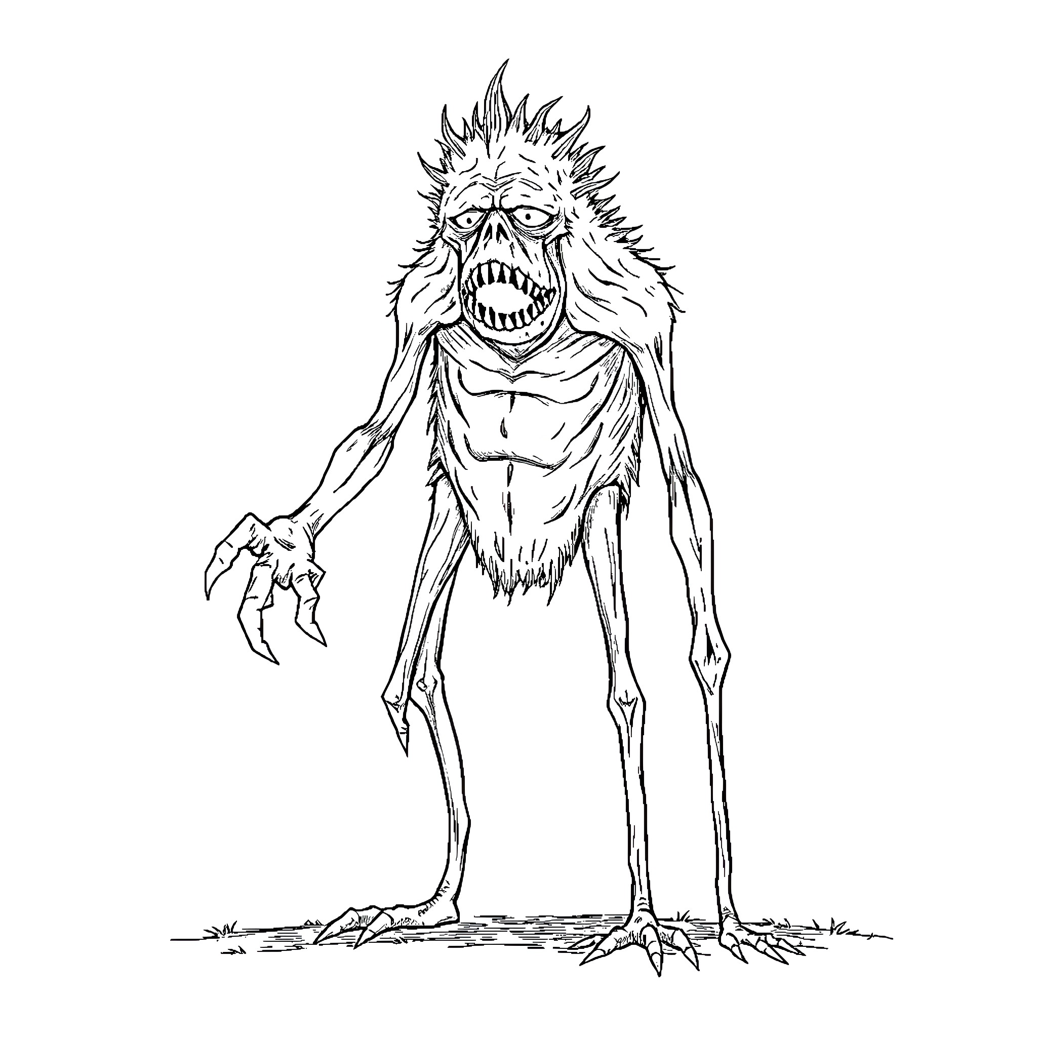 Monster with sharp teeth and claws stalking Coloring Page (free black-and-white line drawing printable PDF for all, from beginners to advanced learners, including children, teens, adults, and seniors)
