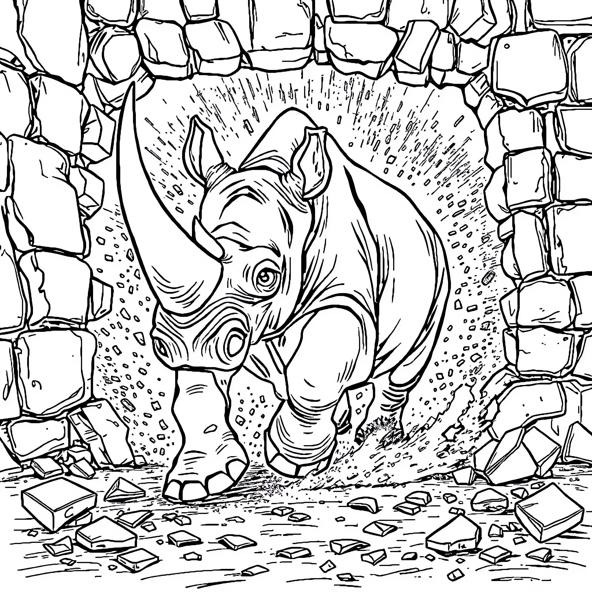 Rhino breaking through rocky wall Coloring Page (free black-and-white line drawing printable PDF for all, from beginners to advanced learners, including children, teens, adults, and seniors)