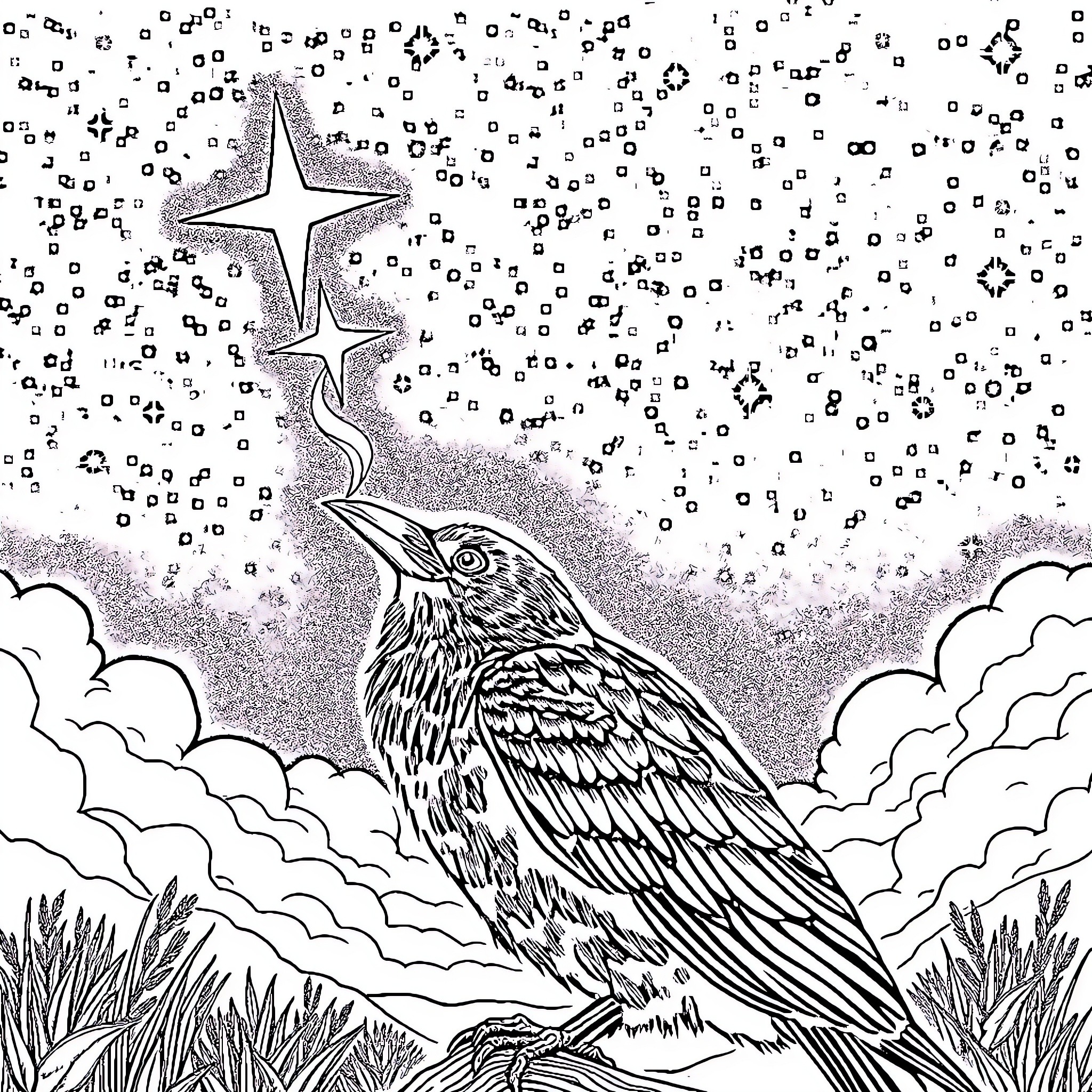 Raven admiring the starry night sky Coloring Page (free black-and-white line drawing printable PDF for all, from beginners to advanced learners, including children, teens, adults, and seniors)