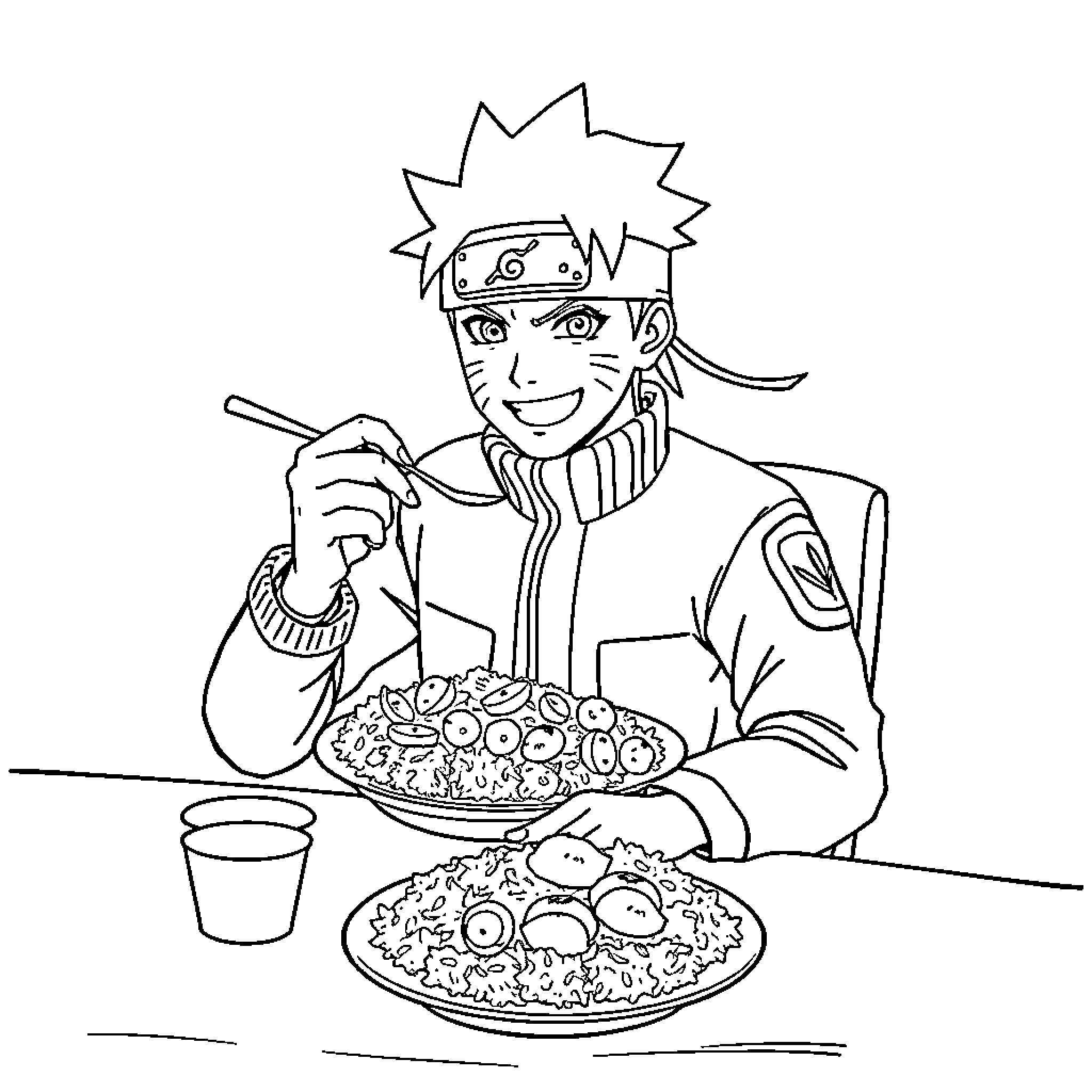 Naruto Enjoying a Hearty Meal Coloring Page (free black-and-white line drawing printable PDF for all, from beginners to advanced learners, including children, teens, adults, and seniors)