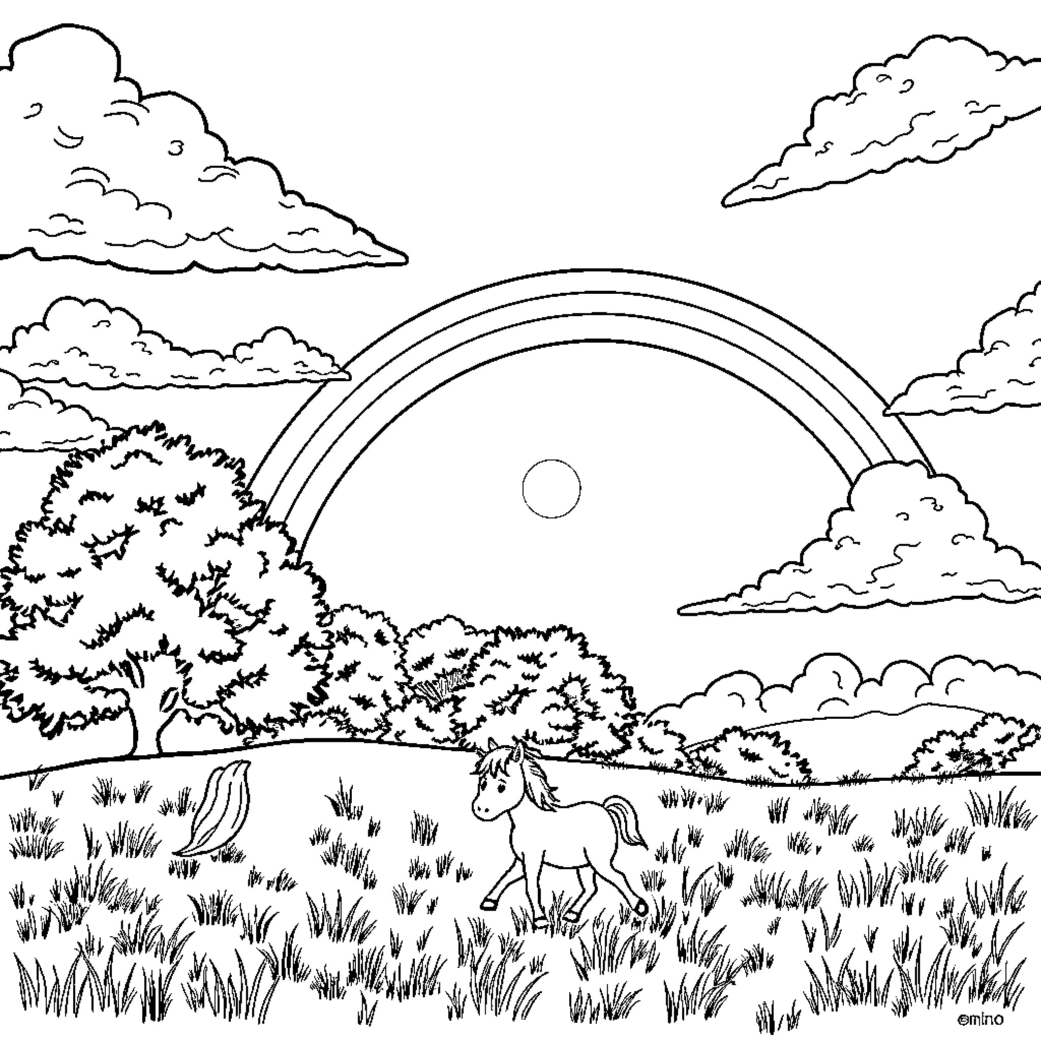 Pony enjoying a sunny day in the meadow Coloring Page (free black-and-white line drawing printable PDF for all, from beginners to advanced learners, including children, teens, adults, and seniors)