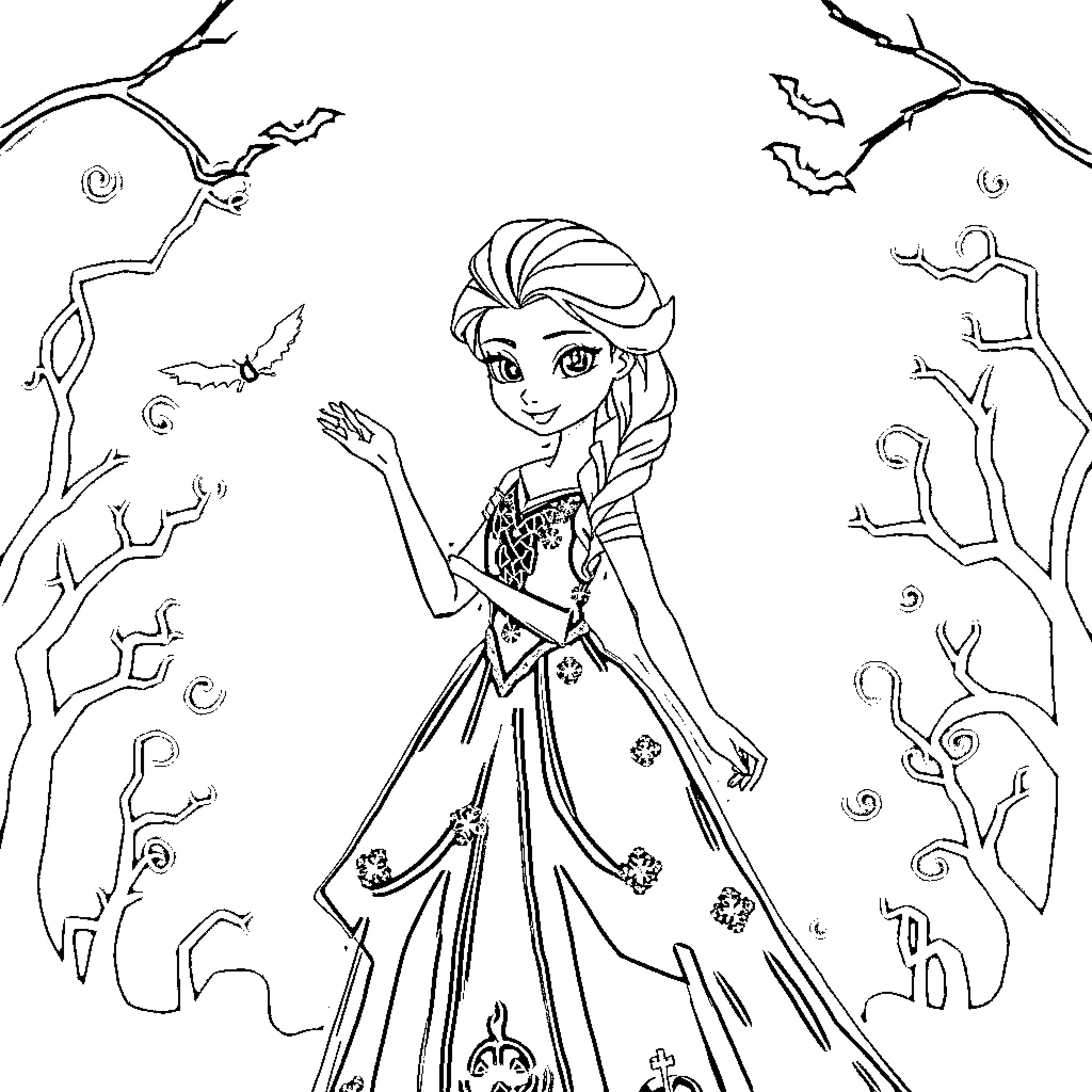 Elsa dancing gracefully in an enchanted forest Coloring Page (free black-and-white line drawing printable PDF for all, from beginners to advanced learners, including children, teens, adults, and seniors)