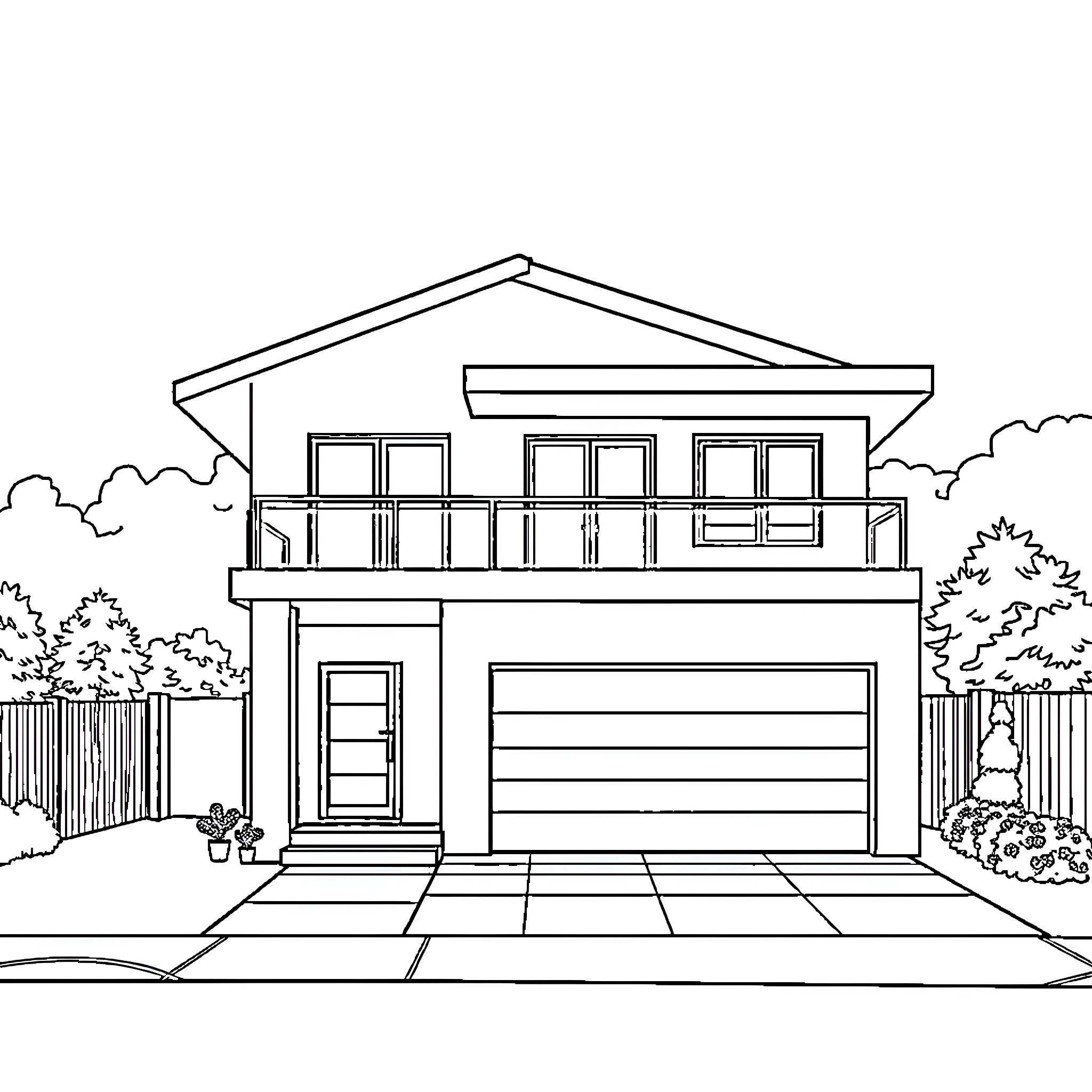 House with Garage and Landscaping Coloring Page (free black-and-white line drawing printable PDF for all, from beginners to advanced learners, including children, teens, adults, and seniors)