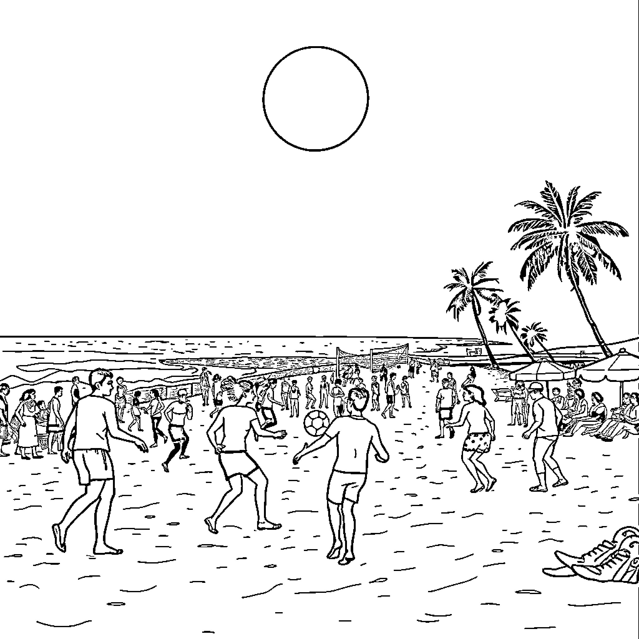 Handball game on tropical beach with palm trees Coloring Page (free black-and-white line drawing printable PDF for all, from beginners to advanced learners, including children, teens, adults, and seniors)